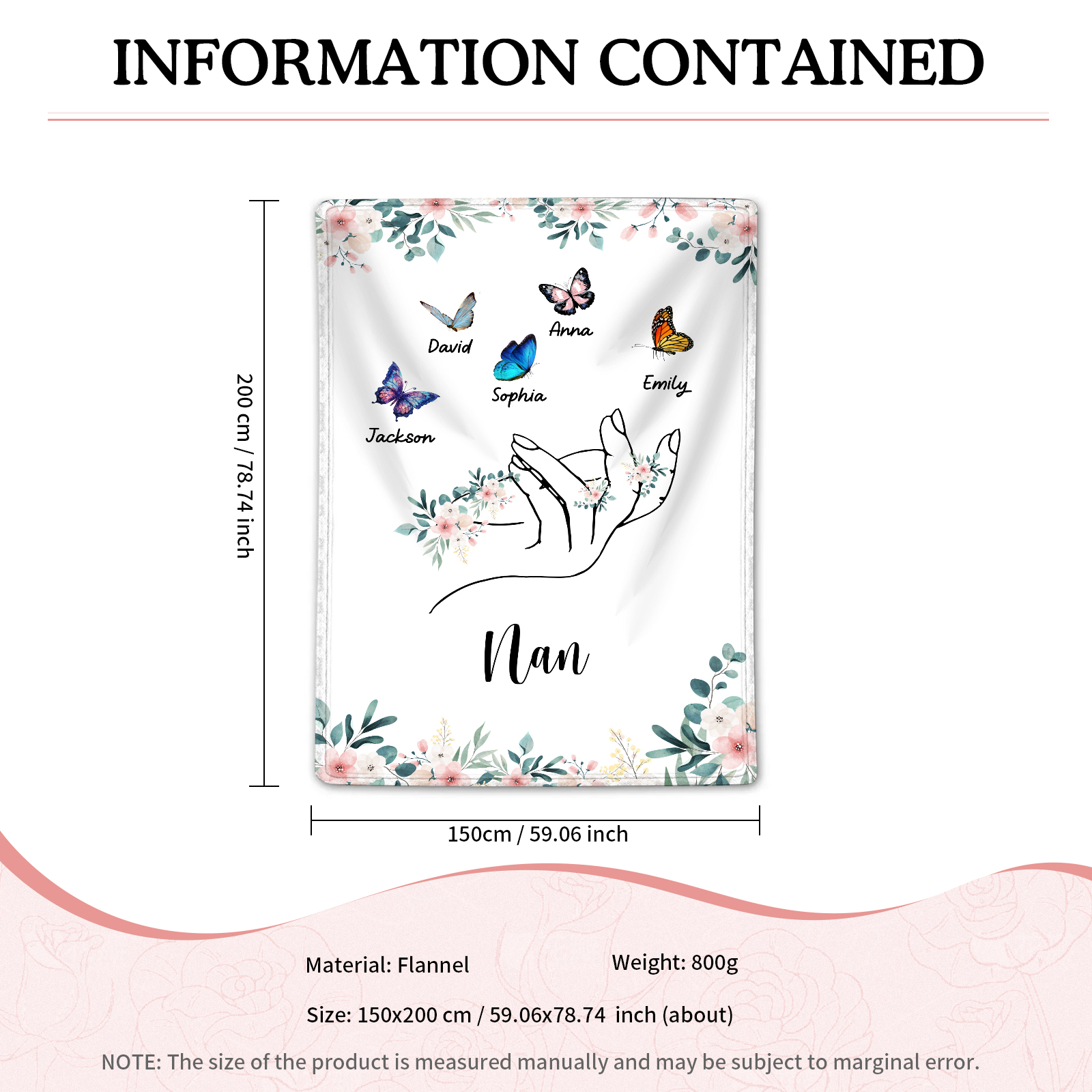 Personalised Butterfly Family Blanket - Custom 5 Names with Floral Accents Blanket Gift for Nan | Jessmade