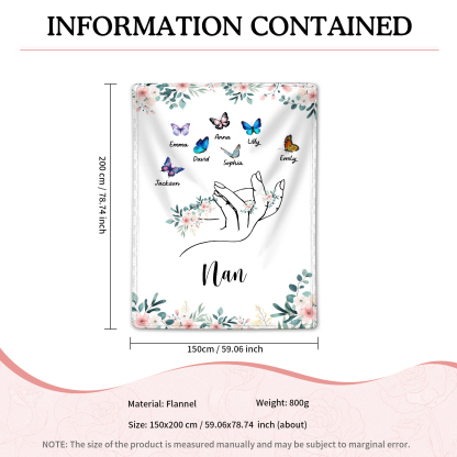 Personalised Butterfly Family Blanket - Custom 7 Names with Floral Accents Blanket Gift for Nan | Jessmade