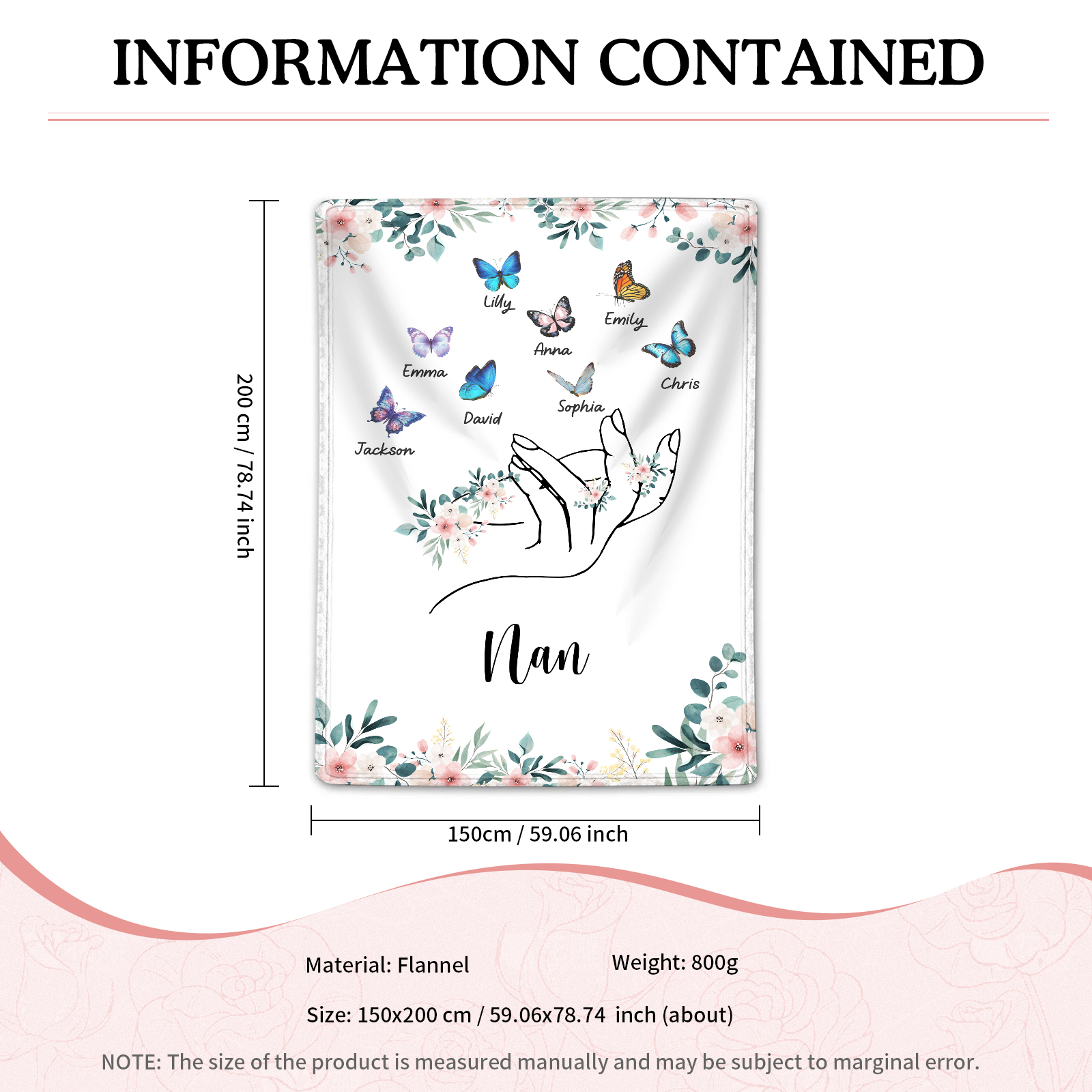 Personalised Butterfly Family Blanket - Custom 8 Names with Floral Accents Blanket Gift for Nan | Jessmade