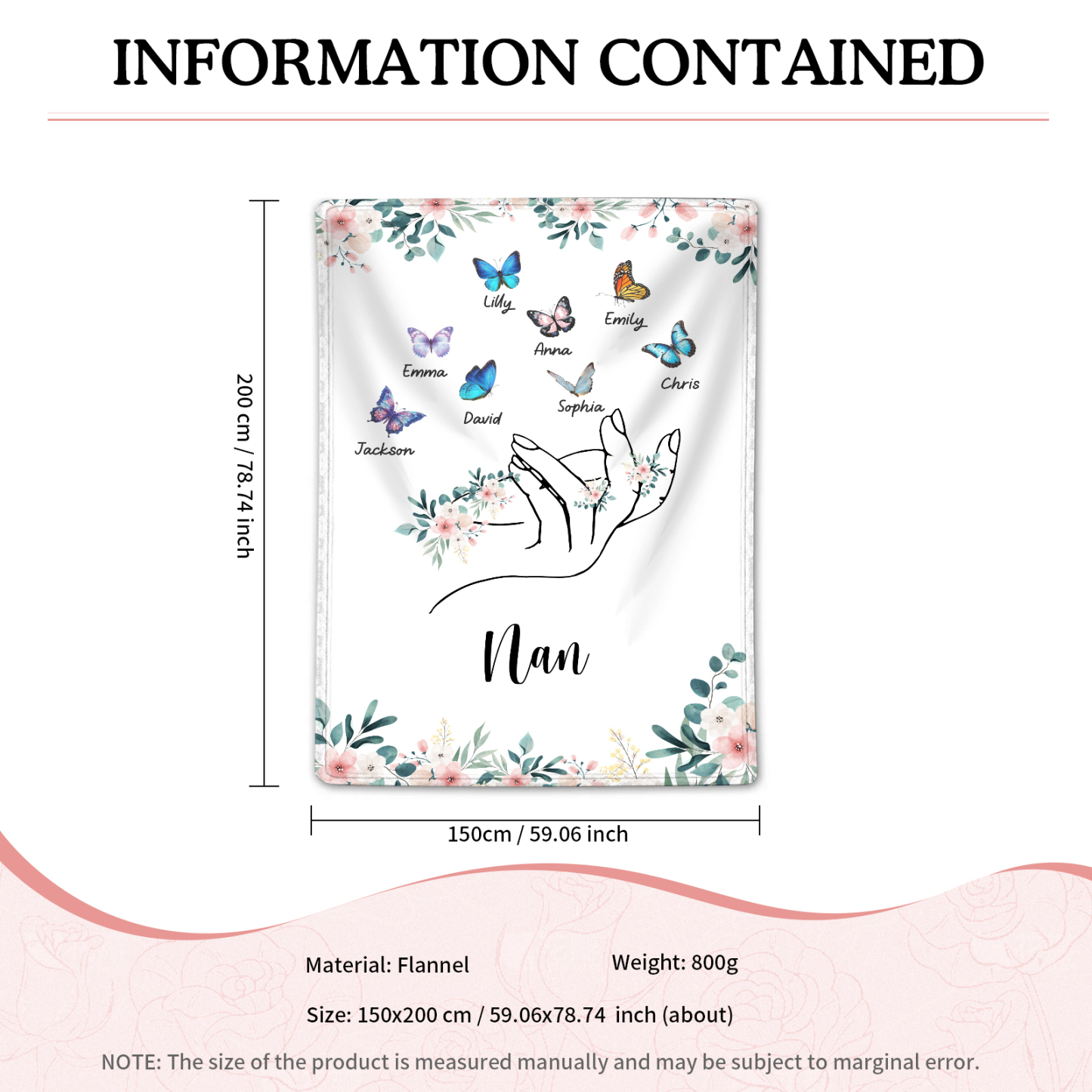 Personalised Butterfly Family Blanket - Custom 8 Names with Floral Accents Blanket Gift for Nan | Jessmade