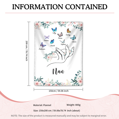 Personalised Butterfly Family Blanket - Custom 8 Names with Floral Accents Blanket Gift for Nan | Jessmade