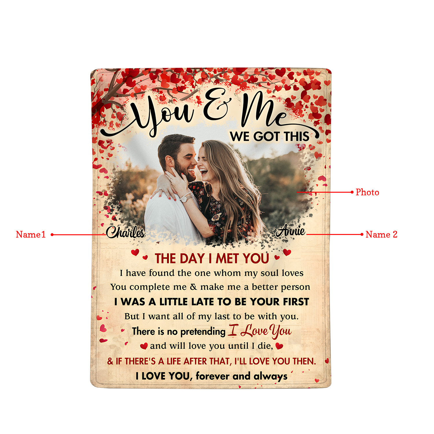 图包修改中Personalised Couple Blanket -  Custom 2 Names & Photo Design - "You & Me, We Got This" - Valentine’s Day Gift for Him/Her | Jessemade