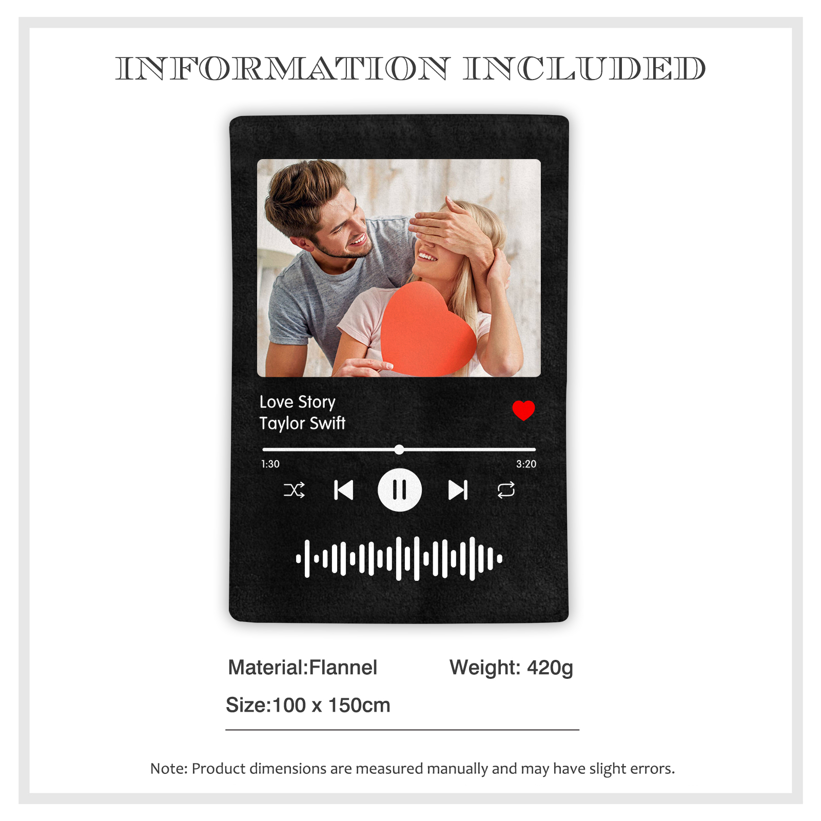 Personalised Music Blanket – Custom Photo & Text Design – "Love Story" – Valentine’s Day Gift for Him/Her | Jessemade