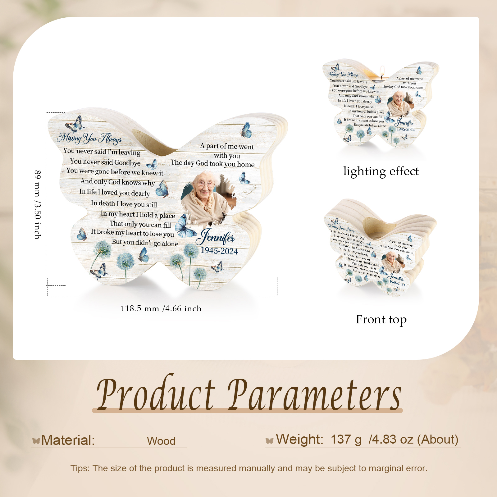 Personalized Butterfly Memorial Wooden Candle Holder - Custom Photo & Name & Date Memorial Gift | Jessemade