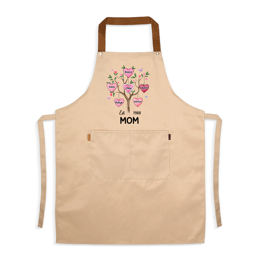 Personalized Mom Family Tree Apron with Pocket Customized with 2–8 Names