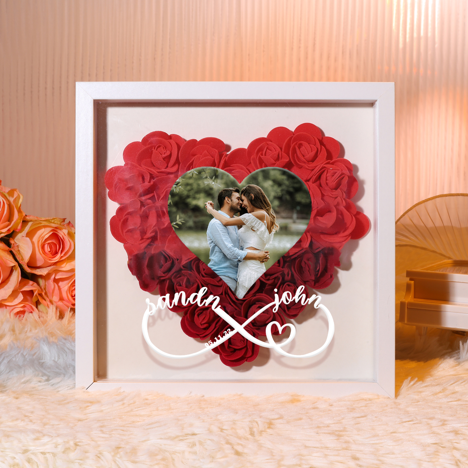 Personalized Rose Heart-shaped Shadow Box, Customized Photo & Name & Date Flower Shadow Box, Gift for Wife