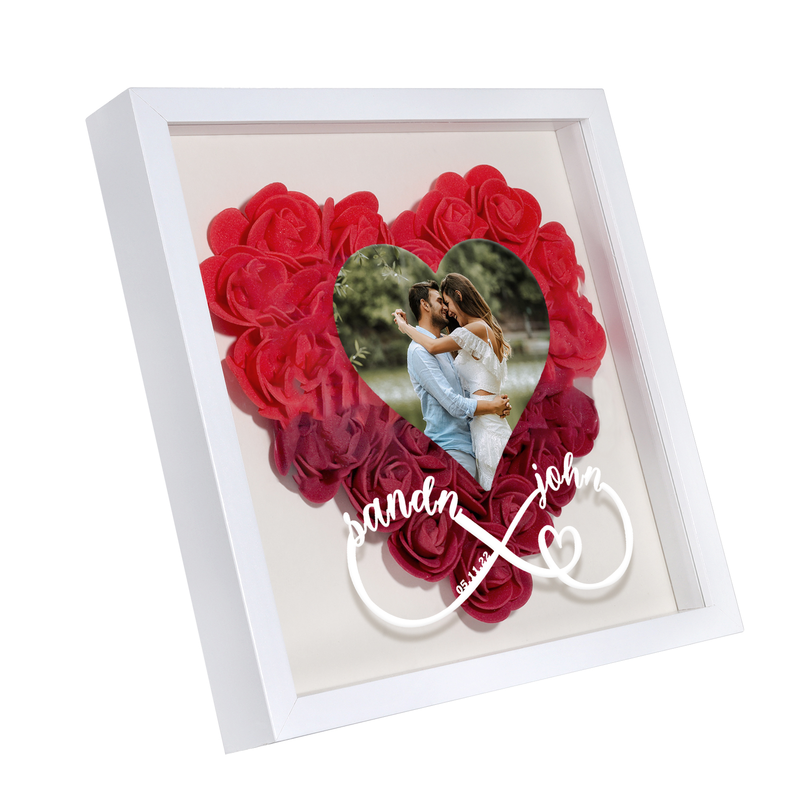 Personalized Rose Heart-shaped Shadow Box, Customized Photo & Name & Date Flower Shadow Box, Gift for Wife