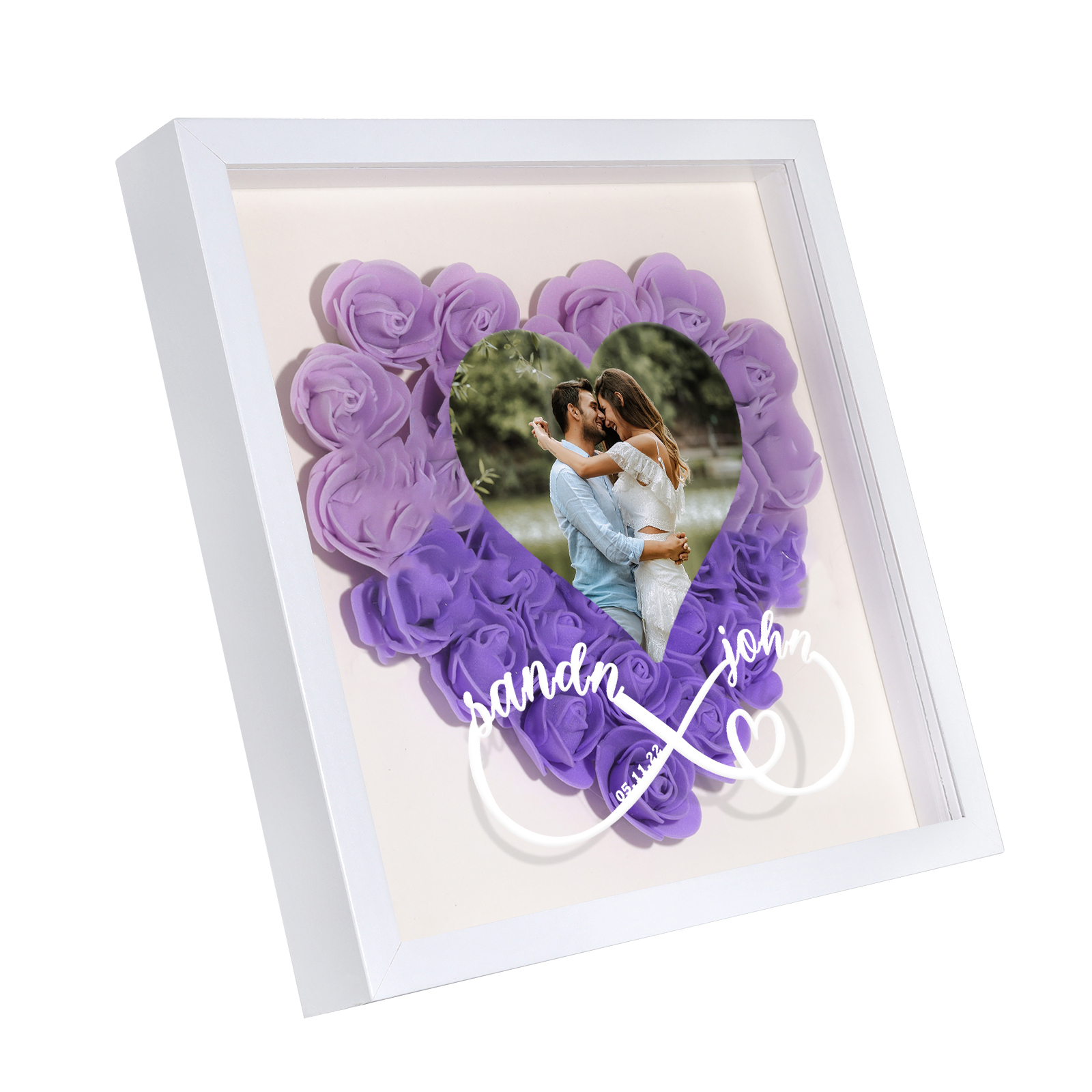 Personalized Rose Heart-shaped Shadow Box, Customized Photo & Name & Date Flower Shadow Box, Gift for Wife