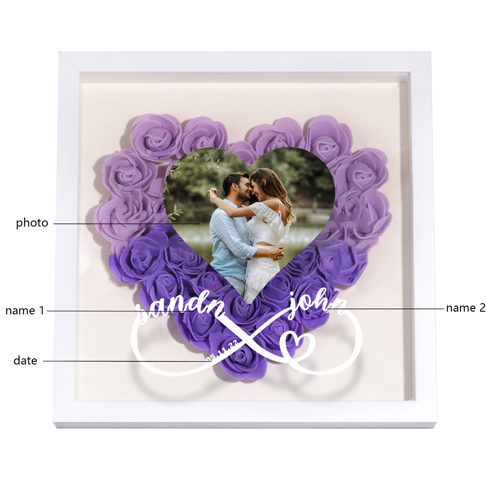 Personalized Rose Heart-shaped Shadow Box, Customized Photo & Name & Date Flower Shadow Box, Gift for Wife