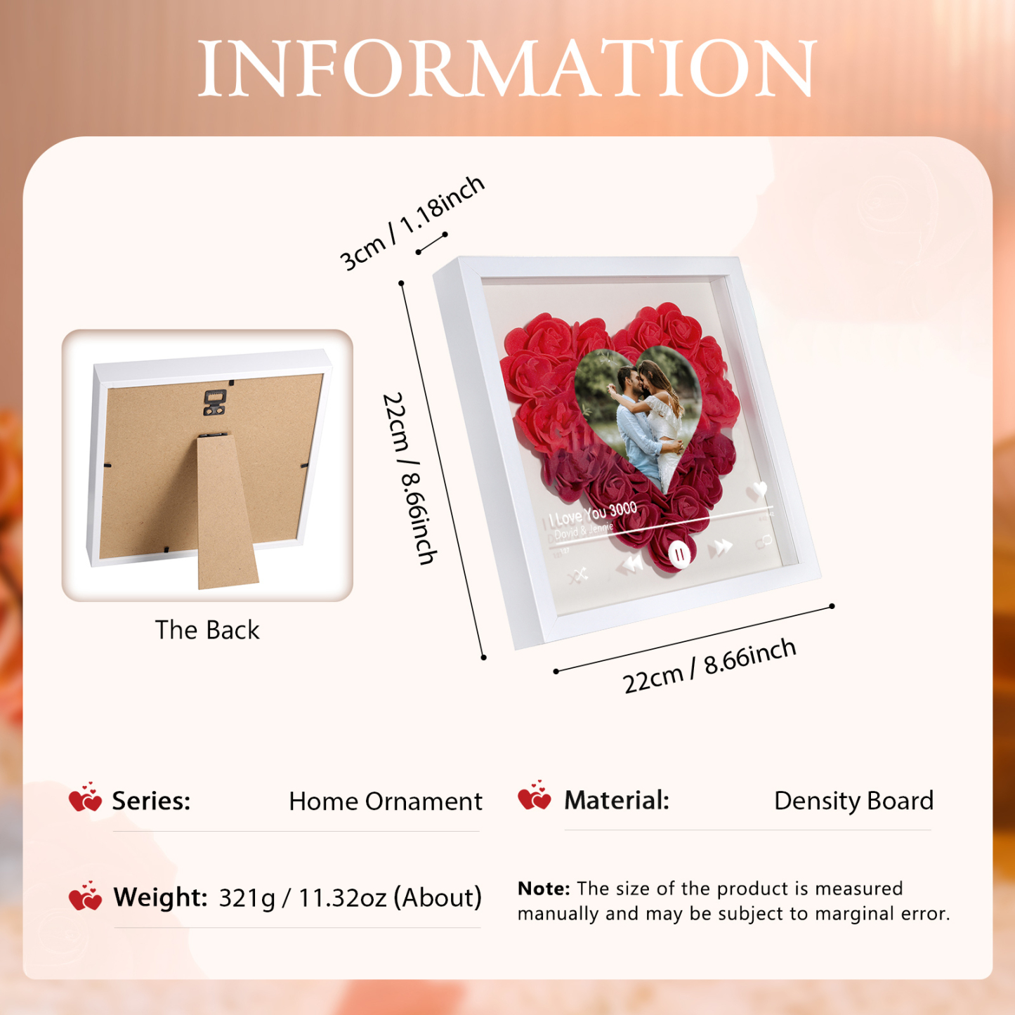 Personalized Photo Frame Heart Shaped - Custom 2 Names & 1 Photo & 1 Text with Red Rose and Couples Special Song Design Gift for Her/Him | Jessemade