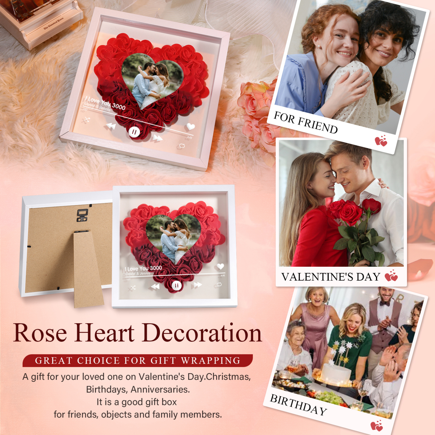 Personalized Photo Frame Heart Shaped - Custom 2 Names & 1 Photo & 1 Text with Red Rose and Couples Special Song Design Gift for Her/Him | Jessemade