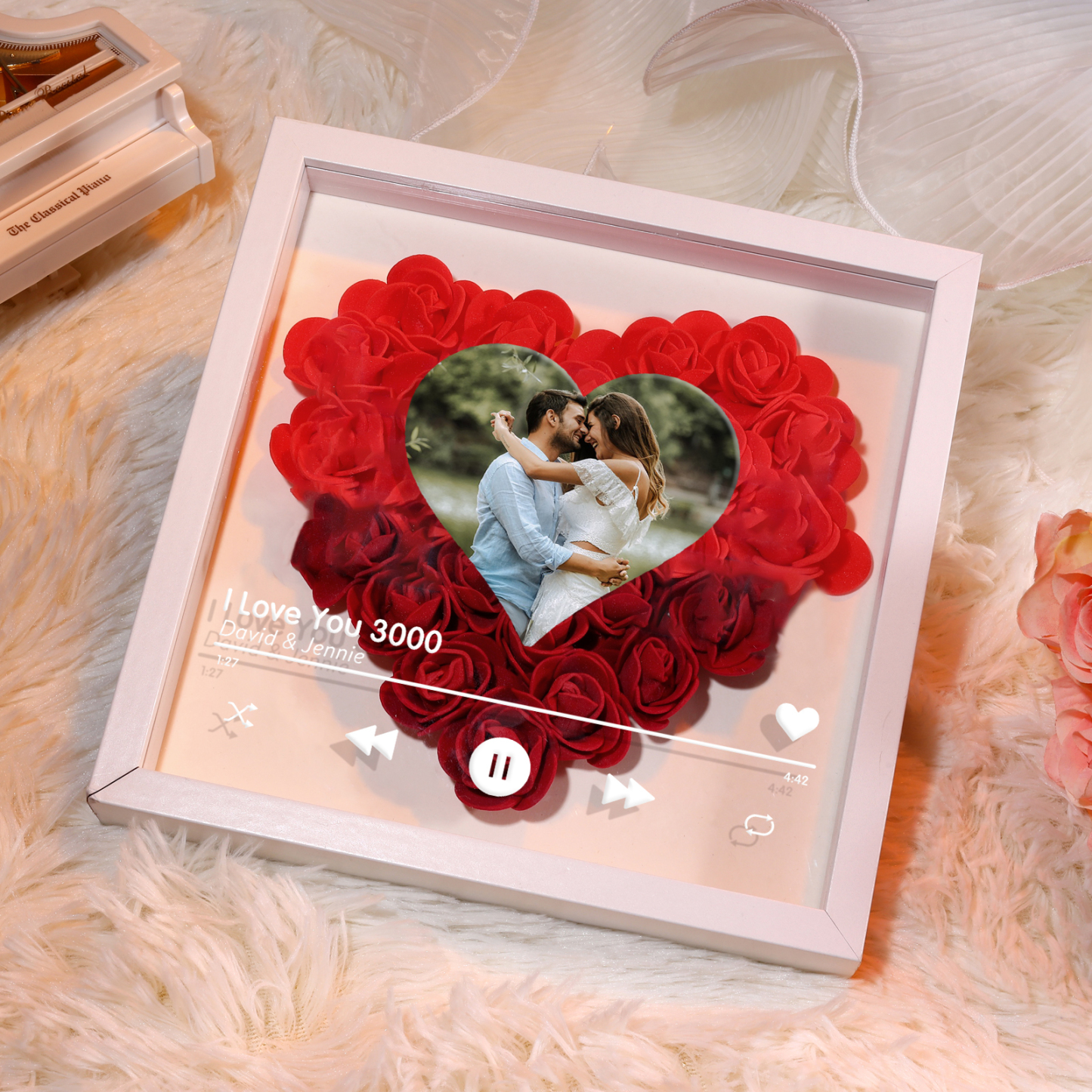Personalized Photo Frame Heart Shaped - Custom 2 Names & 1 Photo & 1 Text with Red Rose and Couples Special Song Design Gift for Her/Him | Jessemade