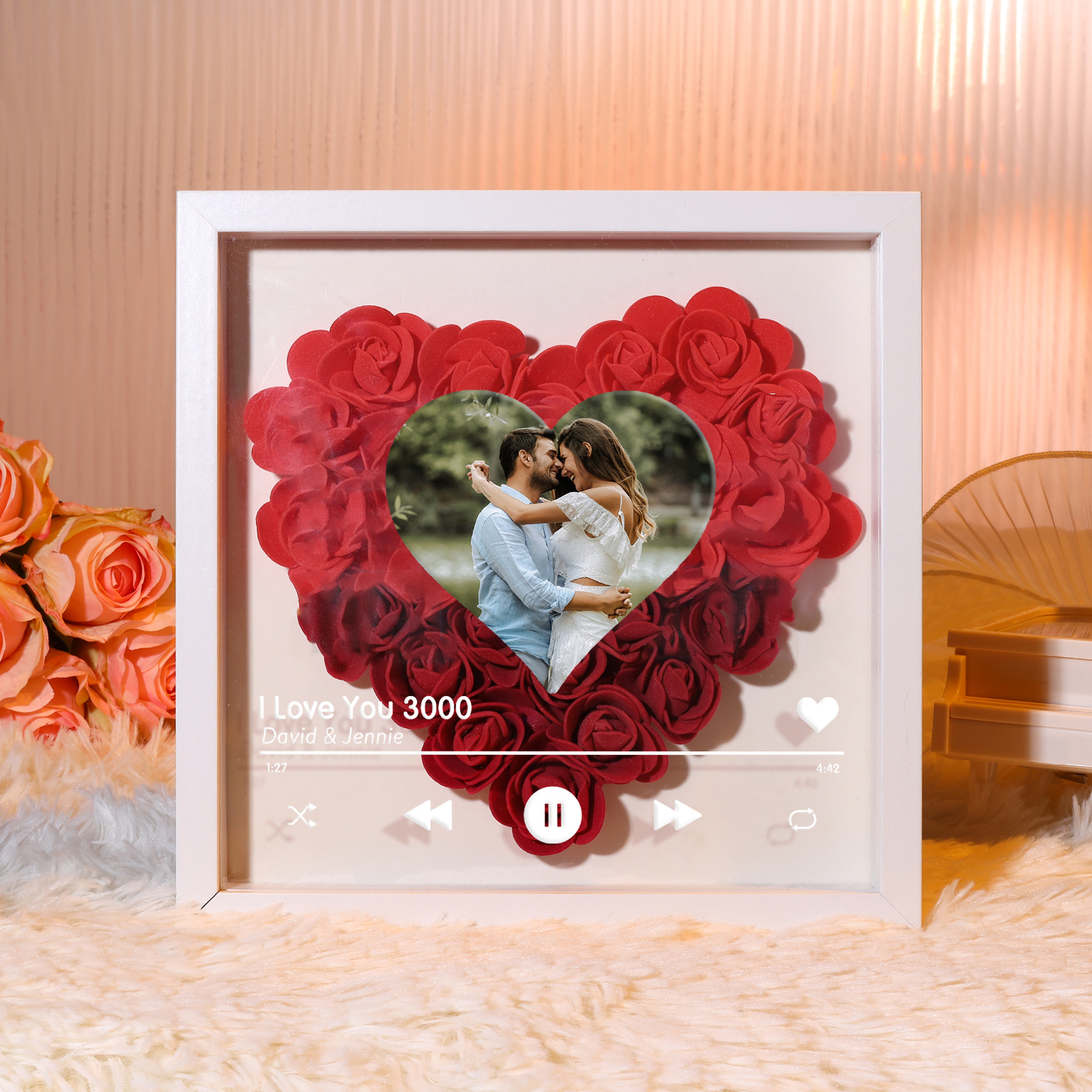 Personalized Photo Frame Heart Shaped - Custom 2 Names & 1 Photo & 1 Text with Red Rose and Couples Special Song Design Gift for Her/Him | Jessemade
