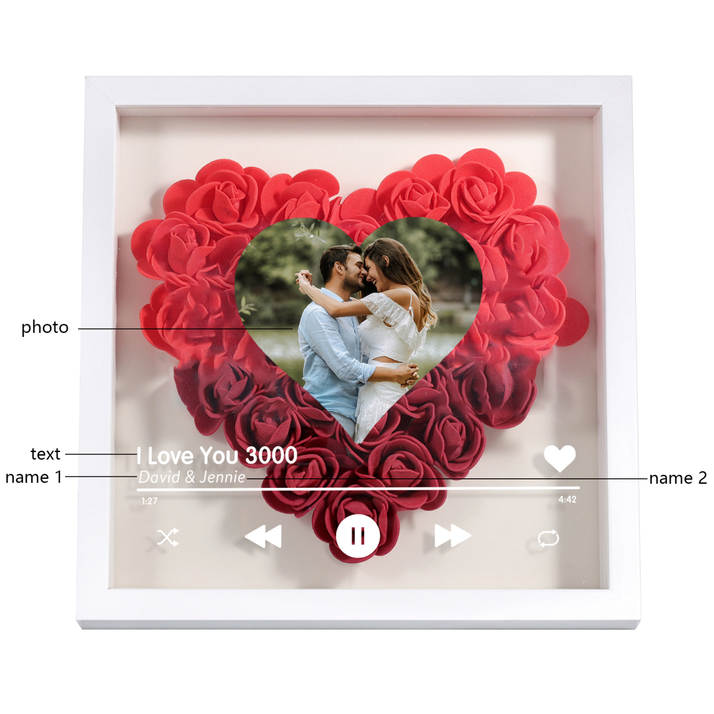 Personalized Photo Frame Heart Shaped - Custom 2 Names & 1 Photo & 1 Text with Red Rose and Couples Special Song Design Gift for Her/Him | Jessemade
