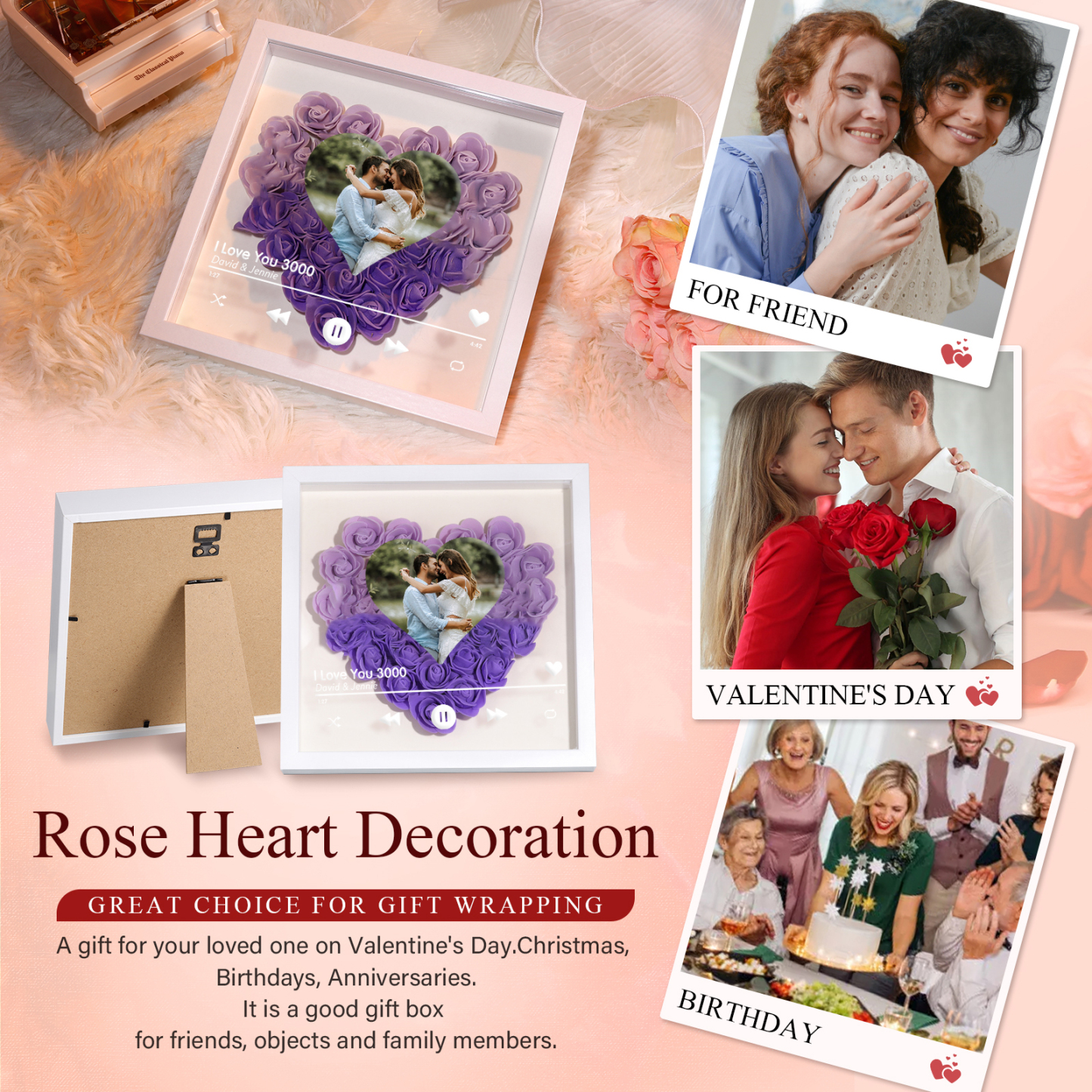 Personalized Photo Frame Heart Shaped - Custom 2 Names & 1 Photo & 1 Text with Red Rose and Couples Special Song Design Gift for Her/Him | Jessemade