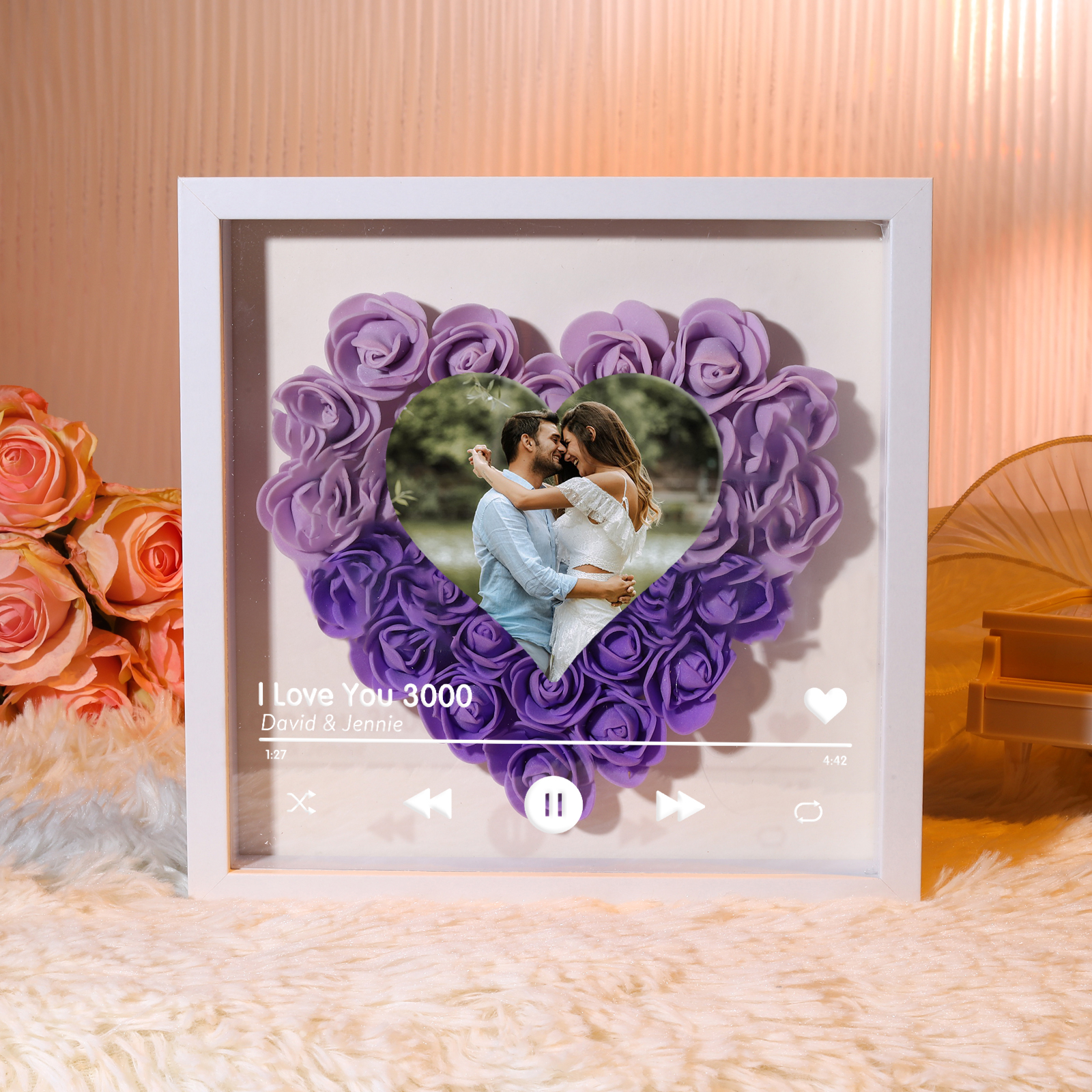 Personalized Photo Frame Heart Shaped - Custom 2 Names & 1 Photo & 1 Text with Red Rose and Couples Special Song Design Gift for Her/Him | Jessemade