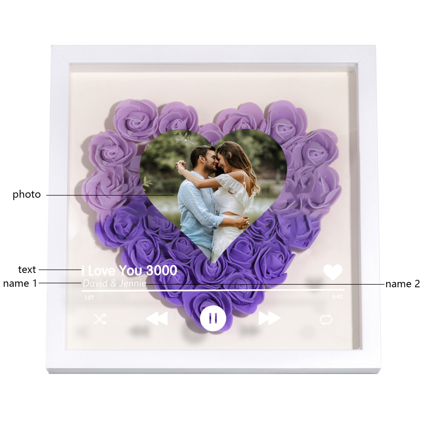 Personalized Photo Frame Heart Shaped - Custom 2 Names & 1 Photo & 1 Text with Red Rose and Couples Special Song Design Gift for Her/Him | Jessemade