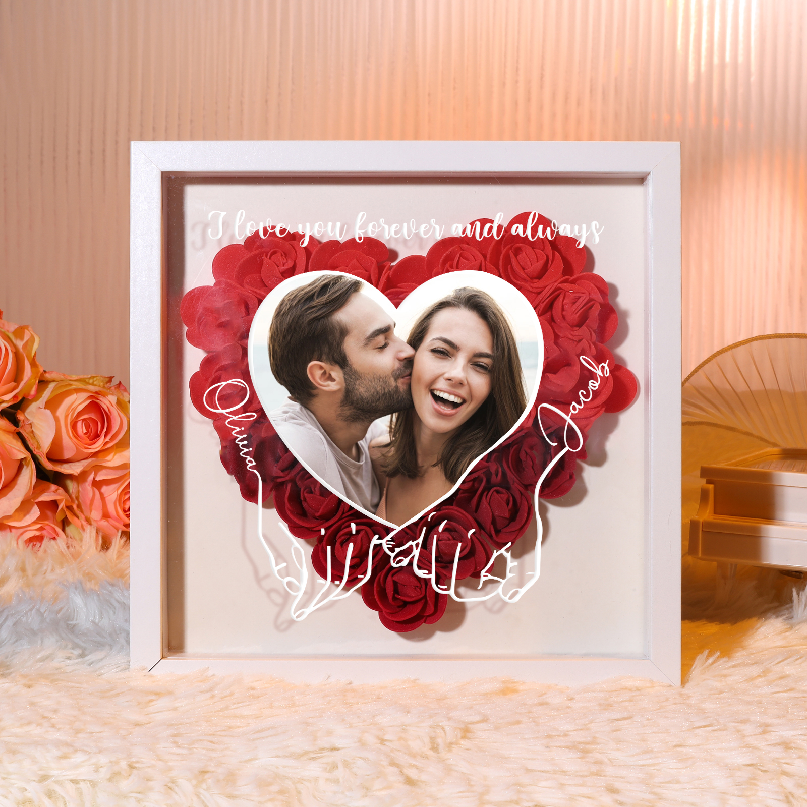 Personalised Heart Rose Frame with Photo & 2 Names Couple Frame Valentine's Day Gifts for Her/Him | Jessemade