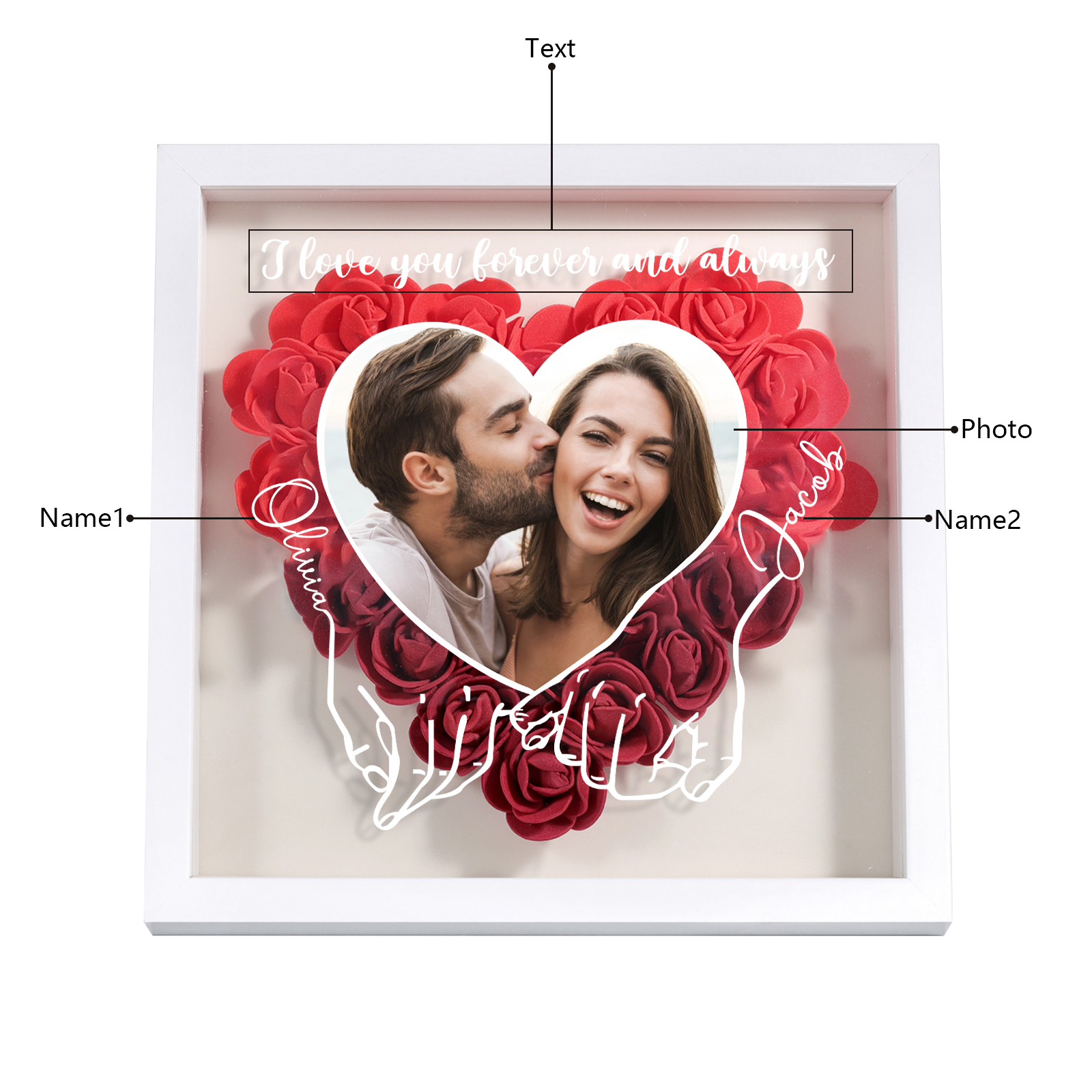 Personalised Heart Rose Frame with Photo & 2 Names Couple Frame Valentine's Day Gifts for Her/Him | Jessemade