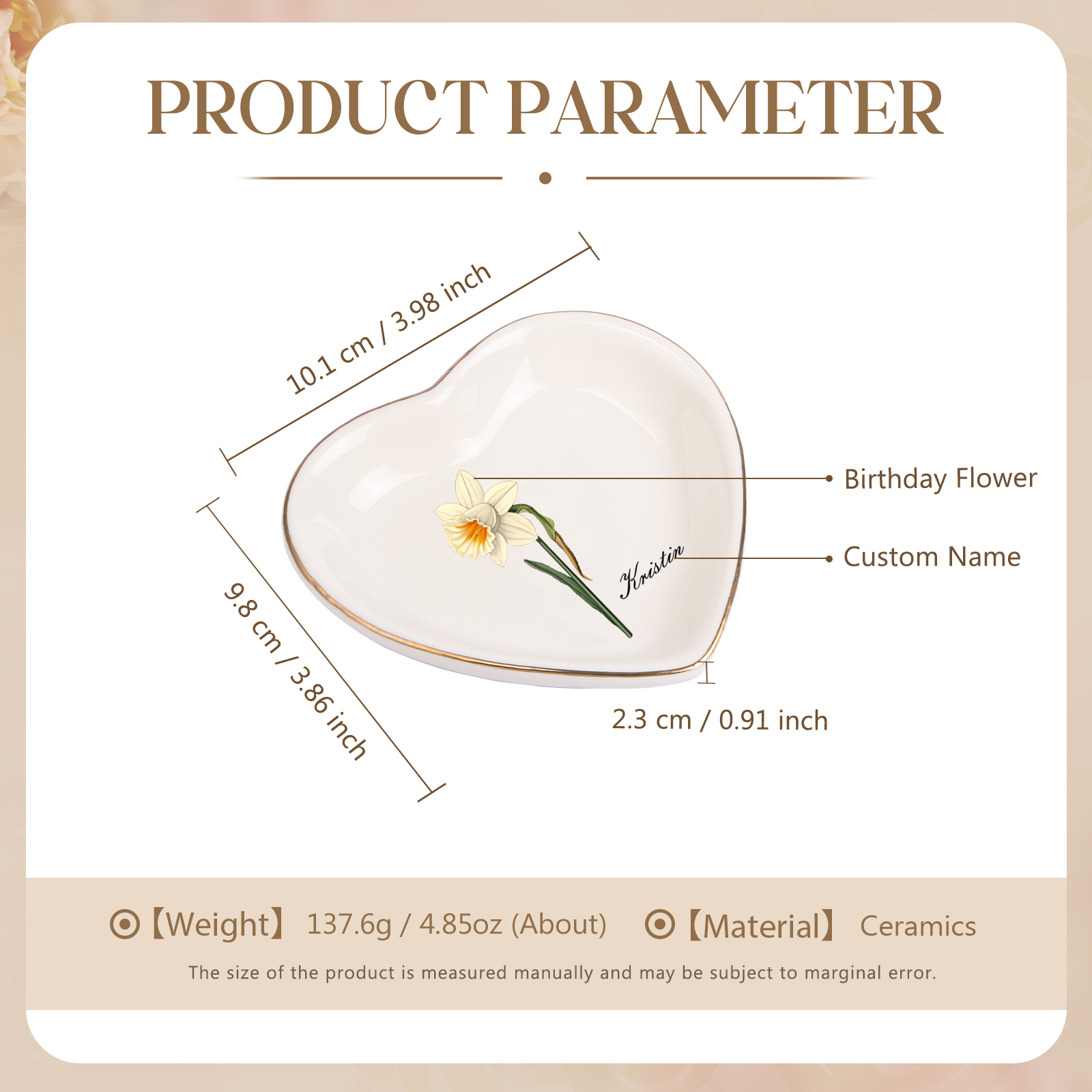 Personalized Birth Flower Jewelry Ceramic Dish custom with 1 Name & 1 Birthflower - Heart & Square Shapes | Jessemade