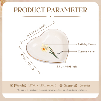 Personalized Birth Flower Jewelry Ceramic Dish custom with 1 Name & 1 Birthflower - Heart & Square Shapes | Jessemade