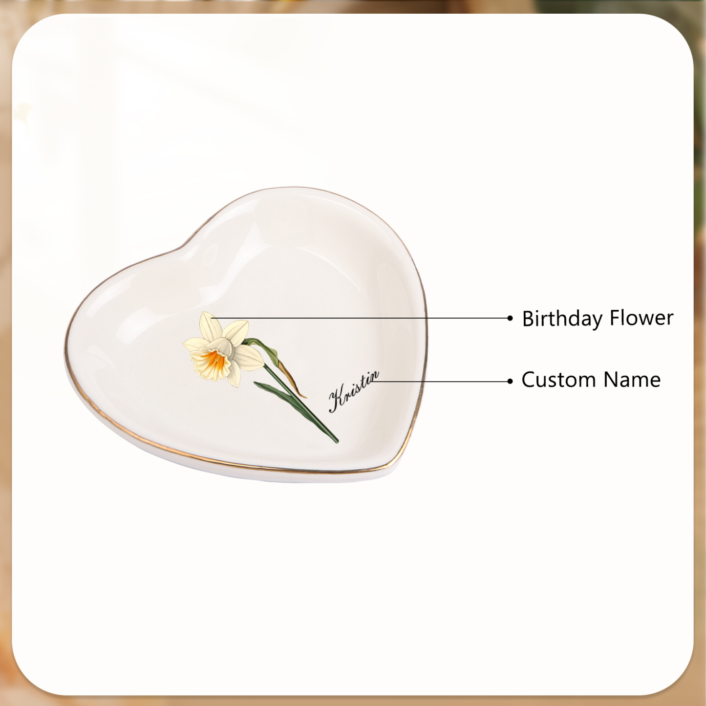 Personalized Birth Flower Jewelry Ceramic Dish custom with 1 Name & 1 Birthflower - Heart & Square Shapes | Jessemade