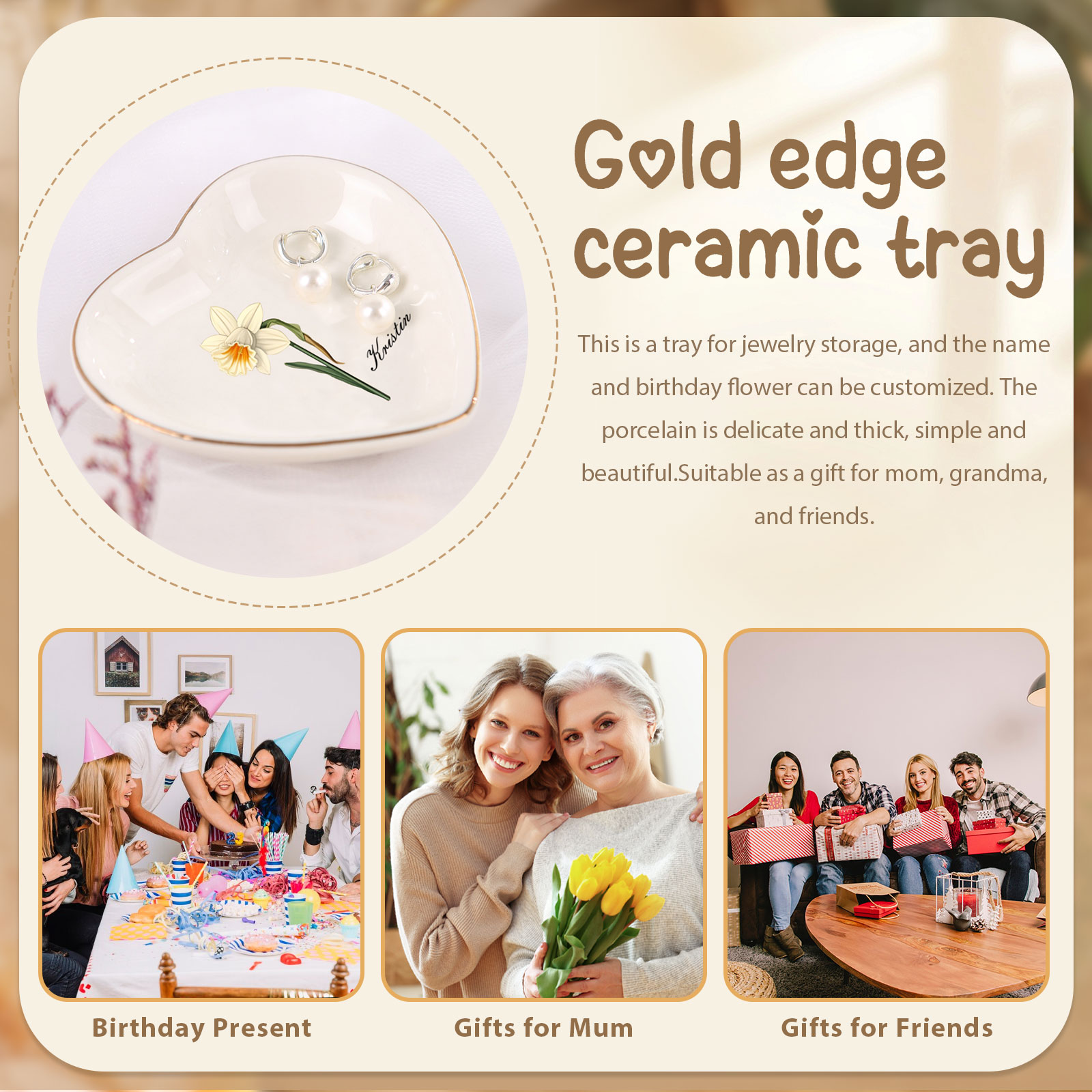 Personalized Birth Flower Jewelry Ceramic Dish custom with 1 Name & 1 Birthflower - Heart & Square Shapes | Jessemade