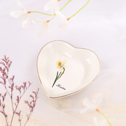 Personalized Birth Flower Jewelry Ceramic Dish custom with 1 Name & 1 Birthflower - Heart & Square Shapes | Jessemade