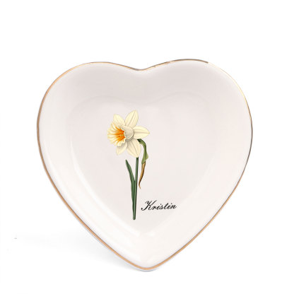 Personalized Birth Flower Jewelry Ceramic Dish custom with 1 Name & 1 Birthflower - Heart & Square Shapes | Jessemade