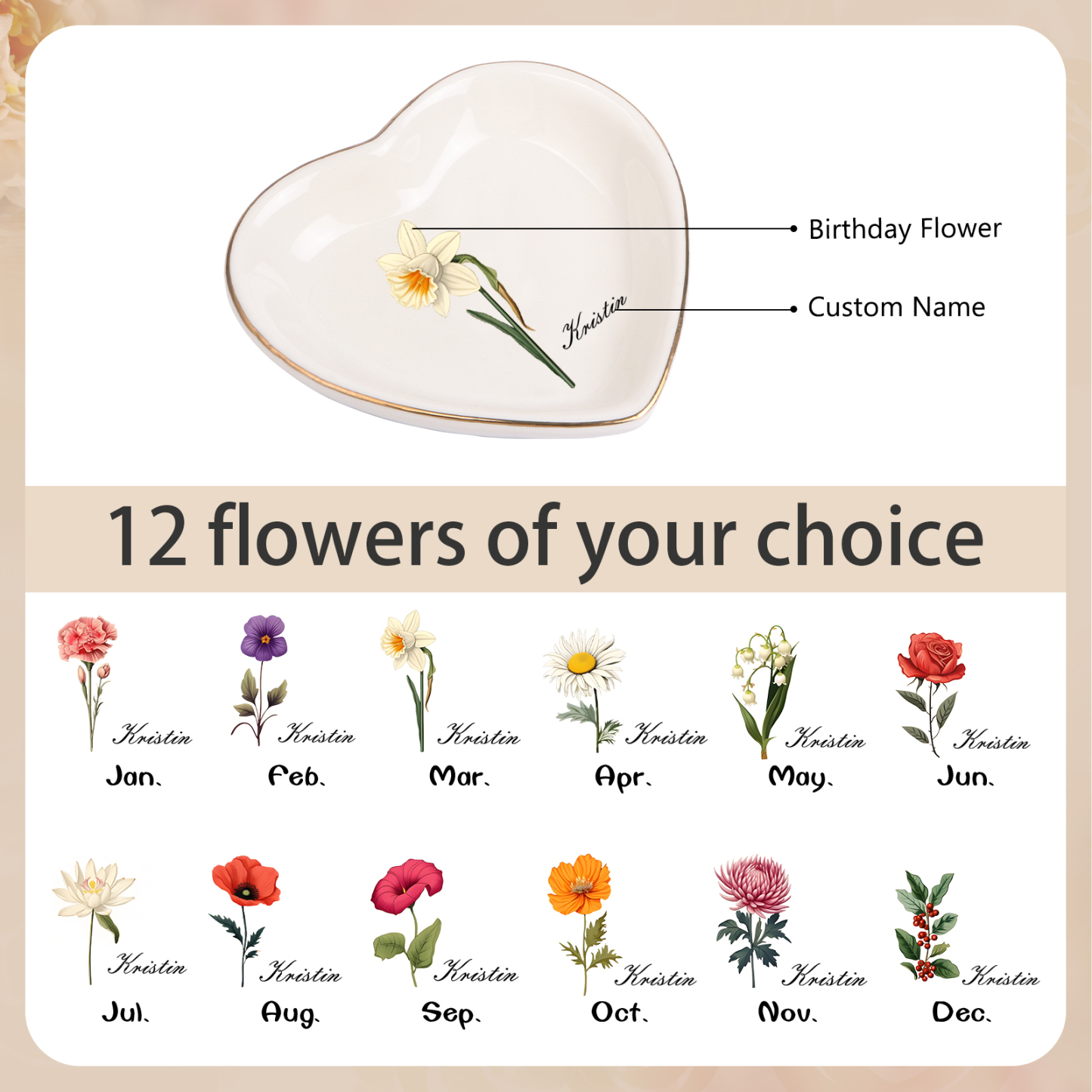 Personalized Birth Flower Jewelry Ceramic Dish custom with 1 Name & 1 Birthflower - Heart & Square Shapes | Jessemade