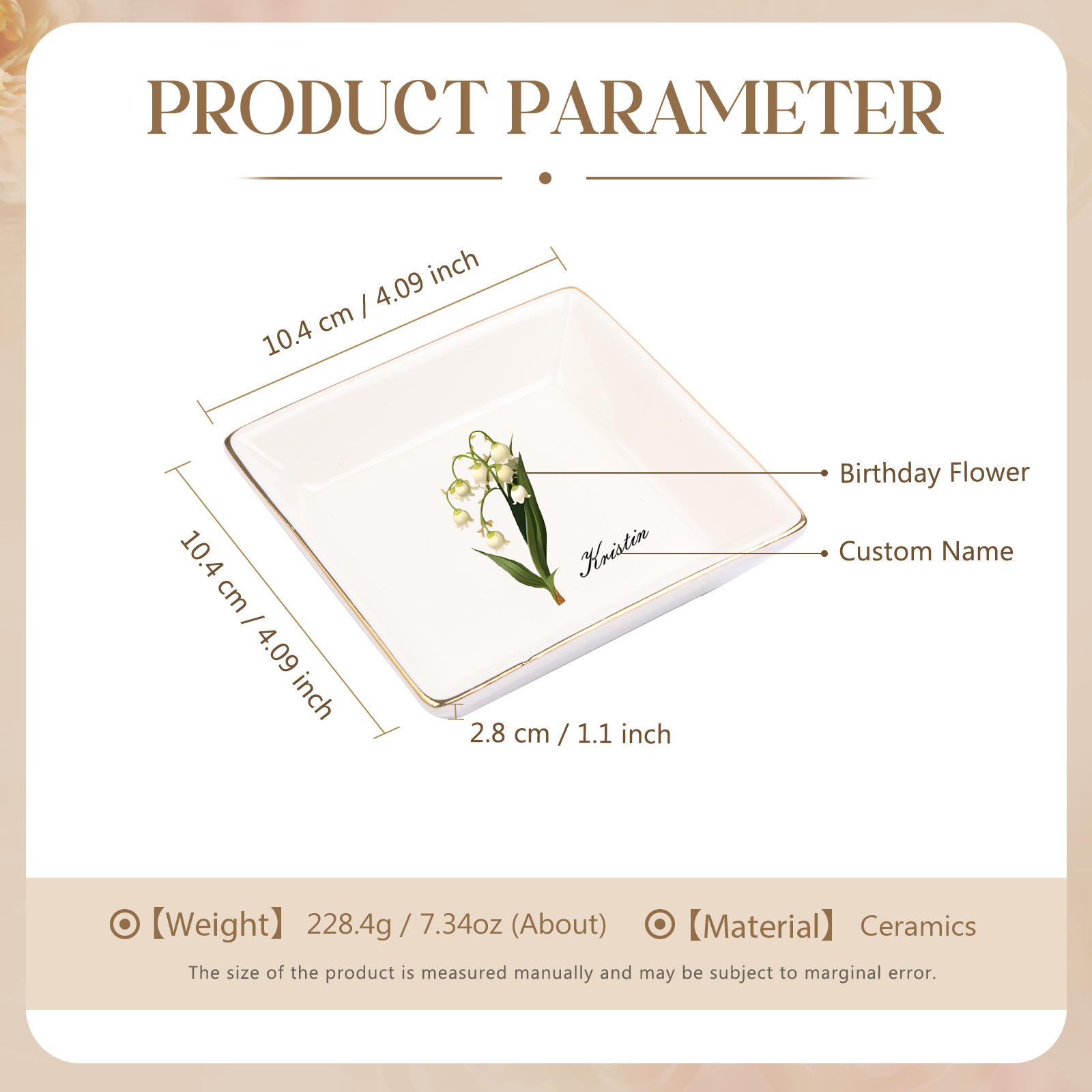 Personalized Birth Flower Jewelry Ceramic Dish custom with 1 Name & 1 Birthflower - Heart & Square Shapes | Jessemade