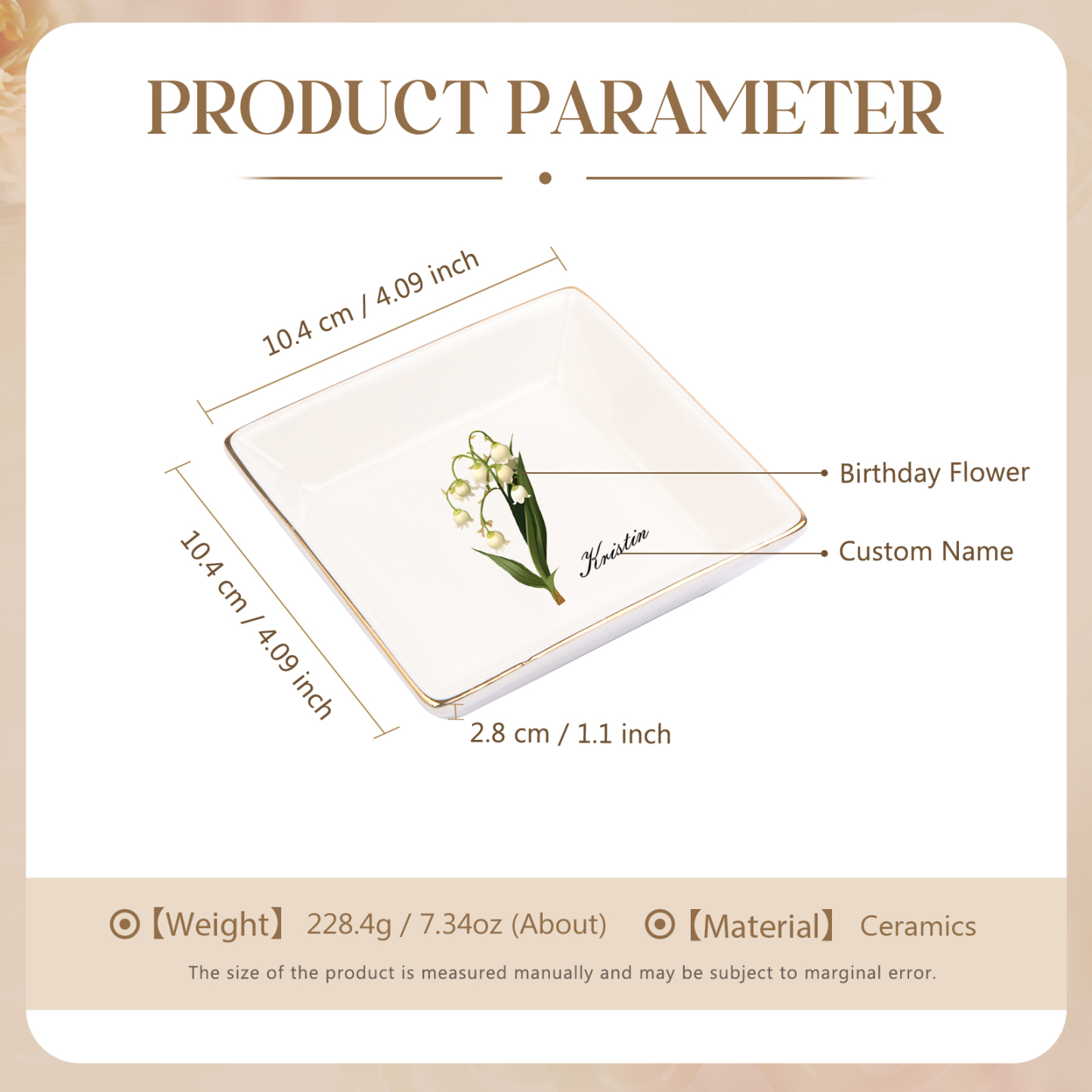 Personalized Birth Flower Jewelry Ceramic Dish custom with 1 Name & 1 Birthflower - Heart & Square Shapes | Jessemade