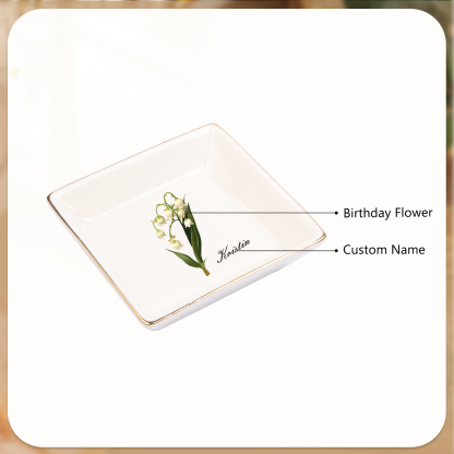 Personalized Birth Flower Jewelry Ceramic Dish custom with 1 Name & 1 Birthflower - Heart & Square Shapes | Jessemade
