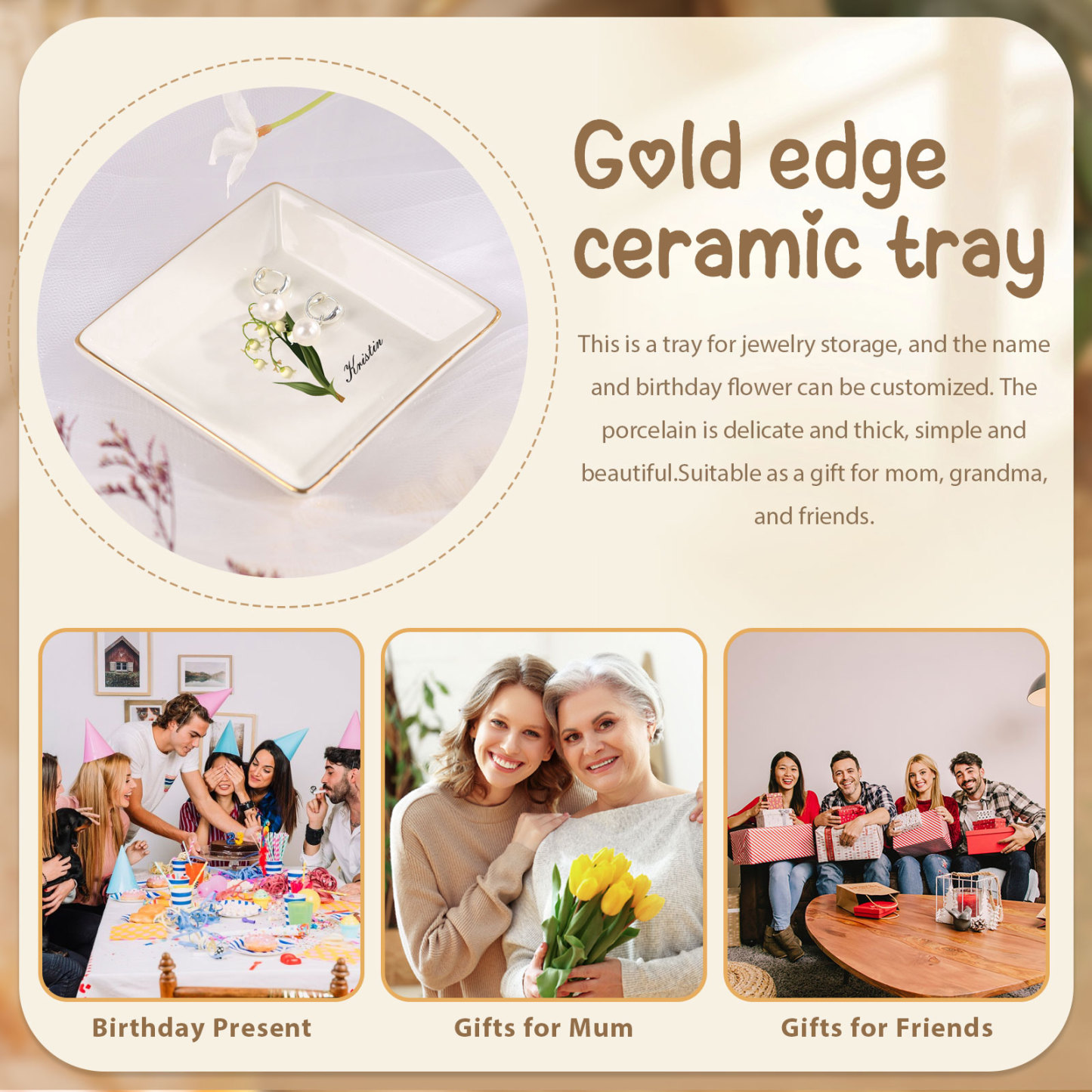 Personalized Birth Flower Jewelry Ceramic Dish custom with 1 Name & 1 Birthflower - Heart & Square Shapes | Jessemade