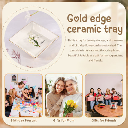 Personalized Birth Flower Jewelry Ceramic Dish custom with 1 Name & 1 Birthflower - Heart & Square Shapes | Jessemade