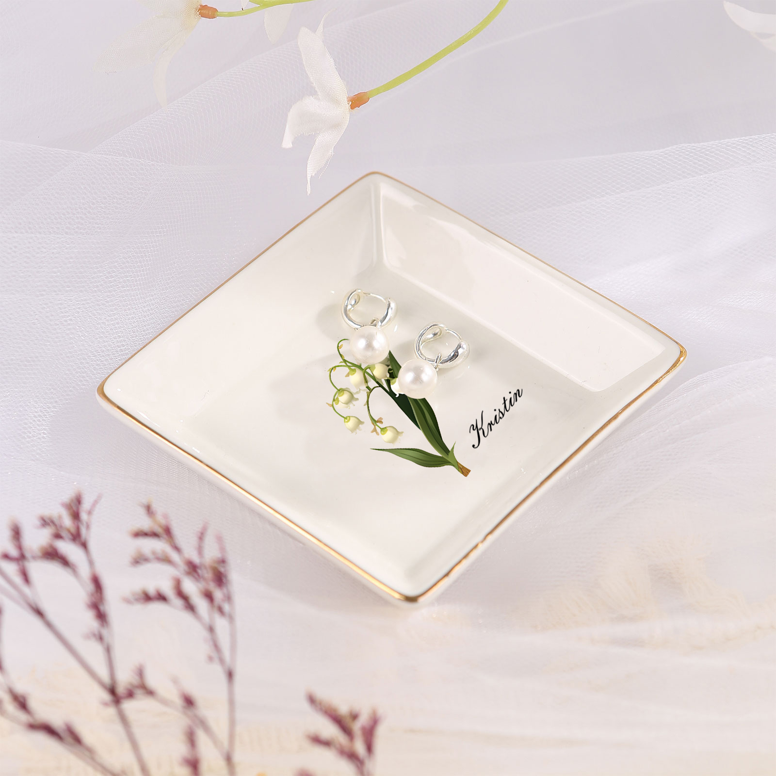 Personalized Birth Flower Jewelry Ceramic Dish custom with 1 Name & 1