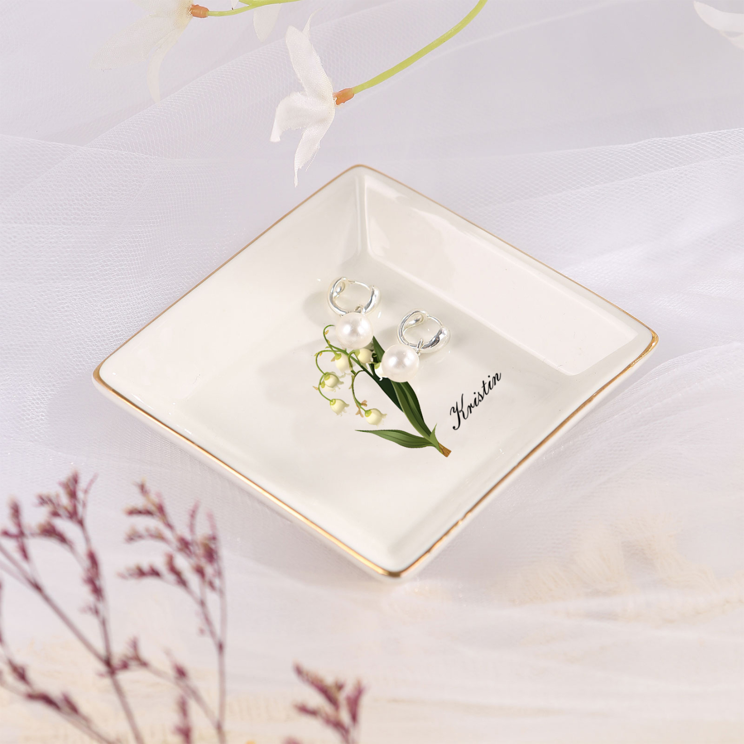 Personalized Birth Flower Jewelry Ceramic Dish custom with 1 Name & 1