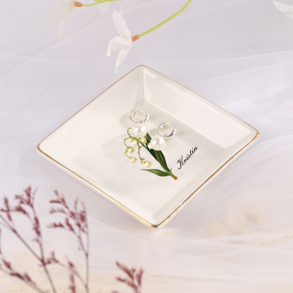 Personalized Birth Flower Jewelry Ceramic Dish custom with 1 Name & 1