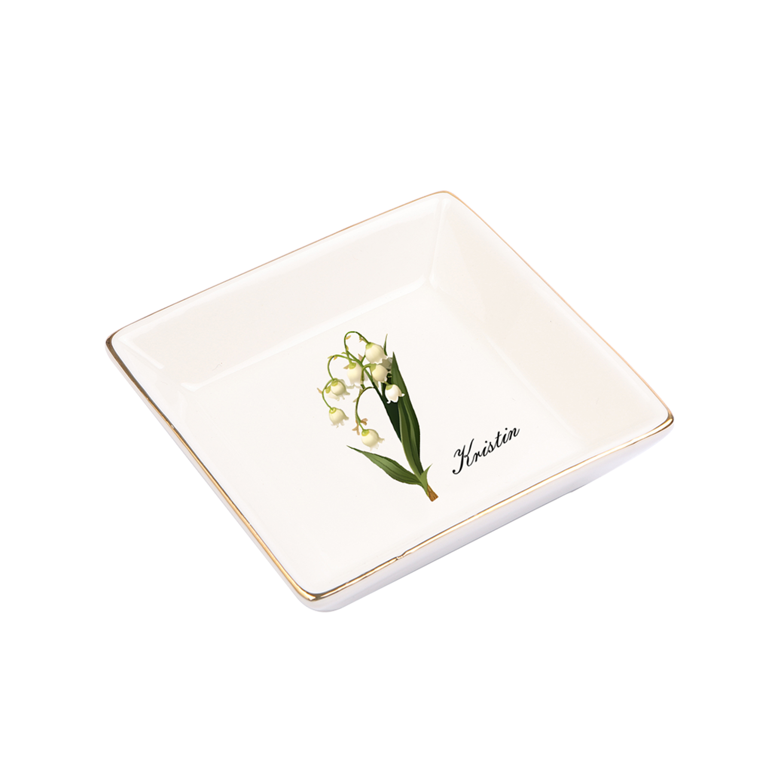 Personalized Birth Flower Jewelry Ceramic Dish custom with 1 Name & 1 Birthflower - Heart & Square Shapes | Jessemade