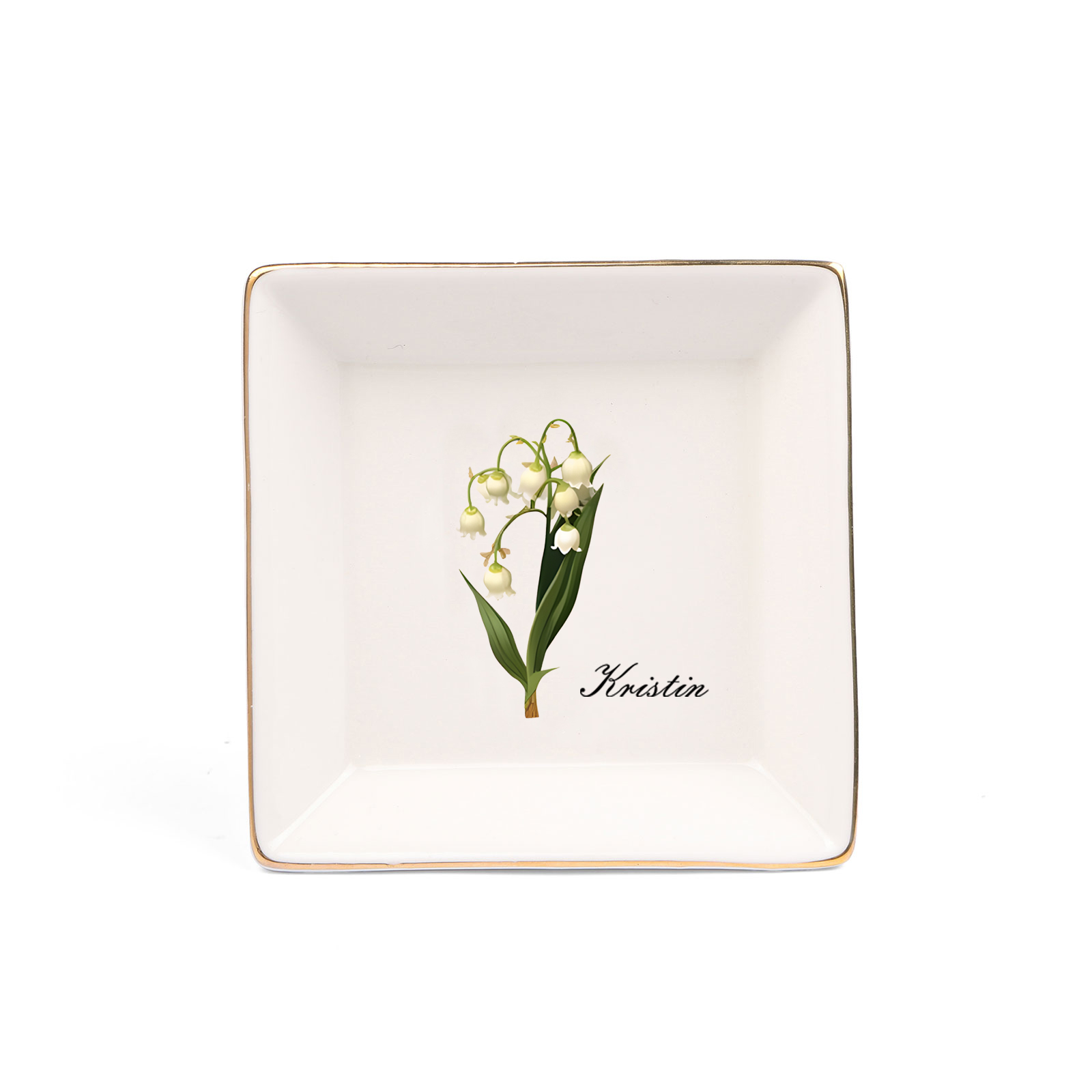 Personalized Birth Flower Jewelry Ceramic Dish custom with 1 Name & 1 Birthflower - Heart & Square Shapes | Jessemade