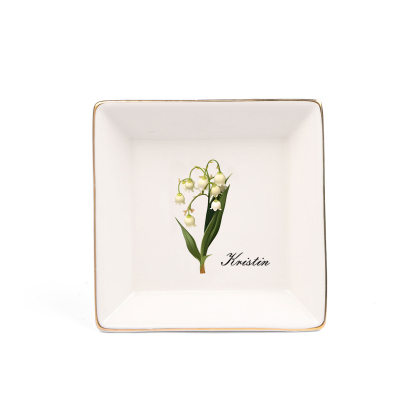 Personalized Birth Flower Jewelry Ceramic Dish custom with 1 Name & 1 Birthflower - Heart & Square Shapes | Jessemade