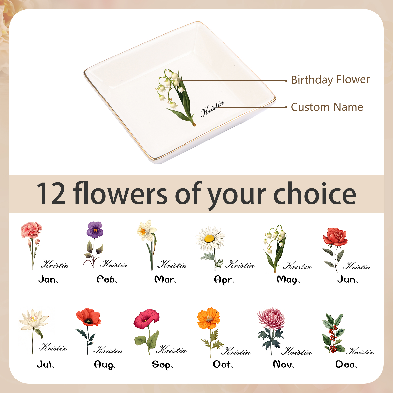 Personalized Birth Flower Jewelry Ceramic Dish custom with 1 Name & 1 Birthflower - Heart & Square Shapes | Jessemade