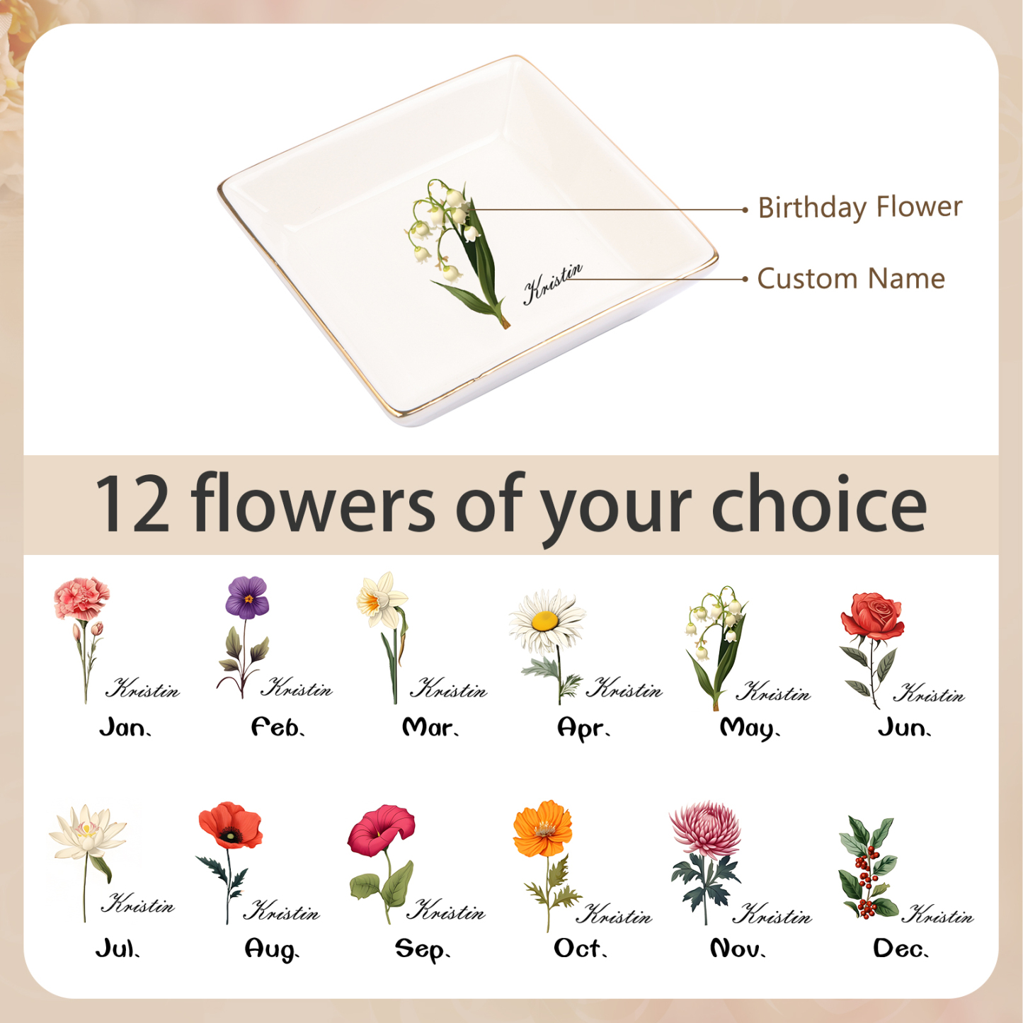 Personalized Birth Flower Jewelry Ceramic Dish custom with 1 Name & 1 Birthflower - Heart & Square Shapes | Jessemade