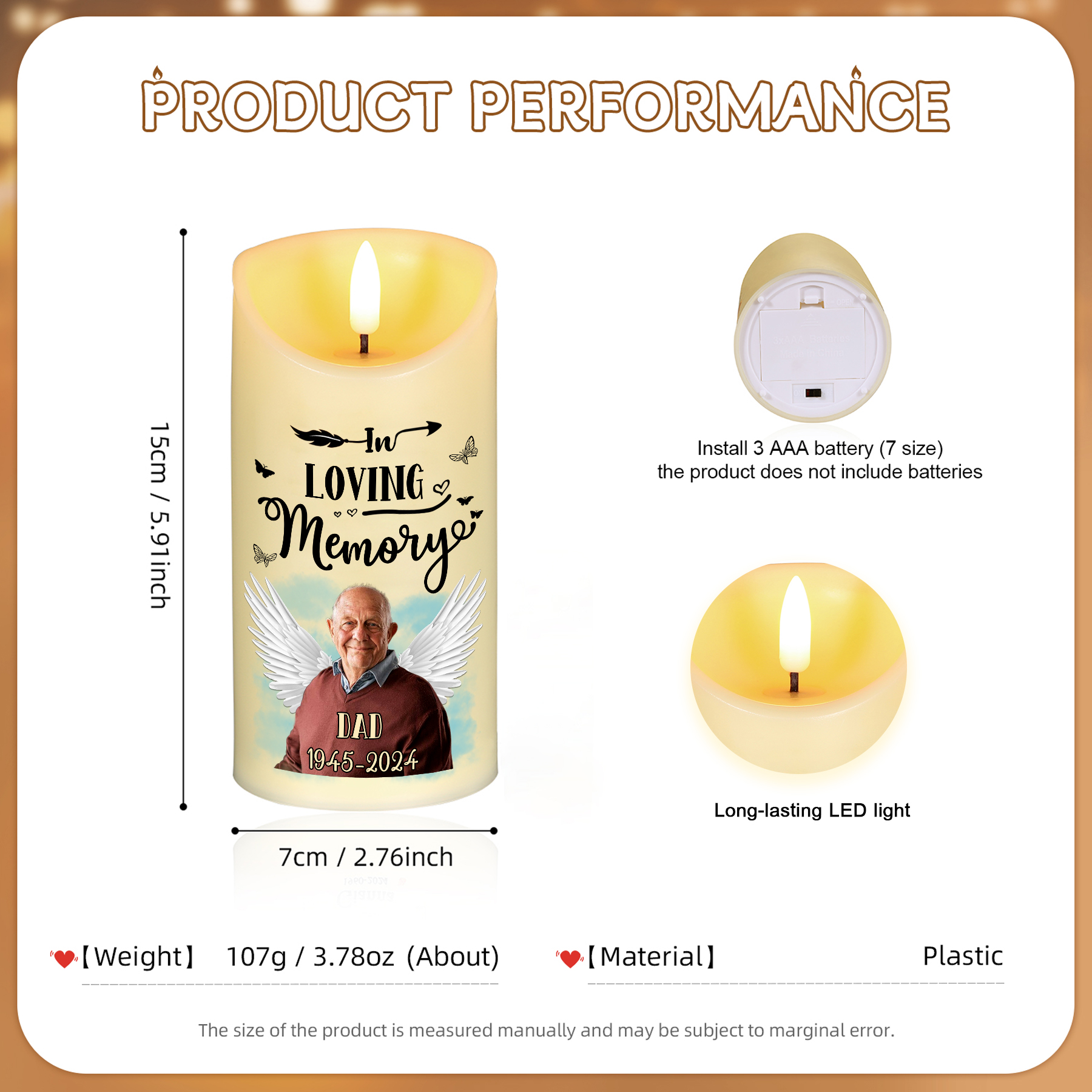 "In Memory Of" Personalised Memorial LED Candle - Custom Photo, Name & Dates Memorial Gift | Jessemade
