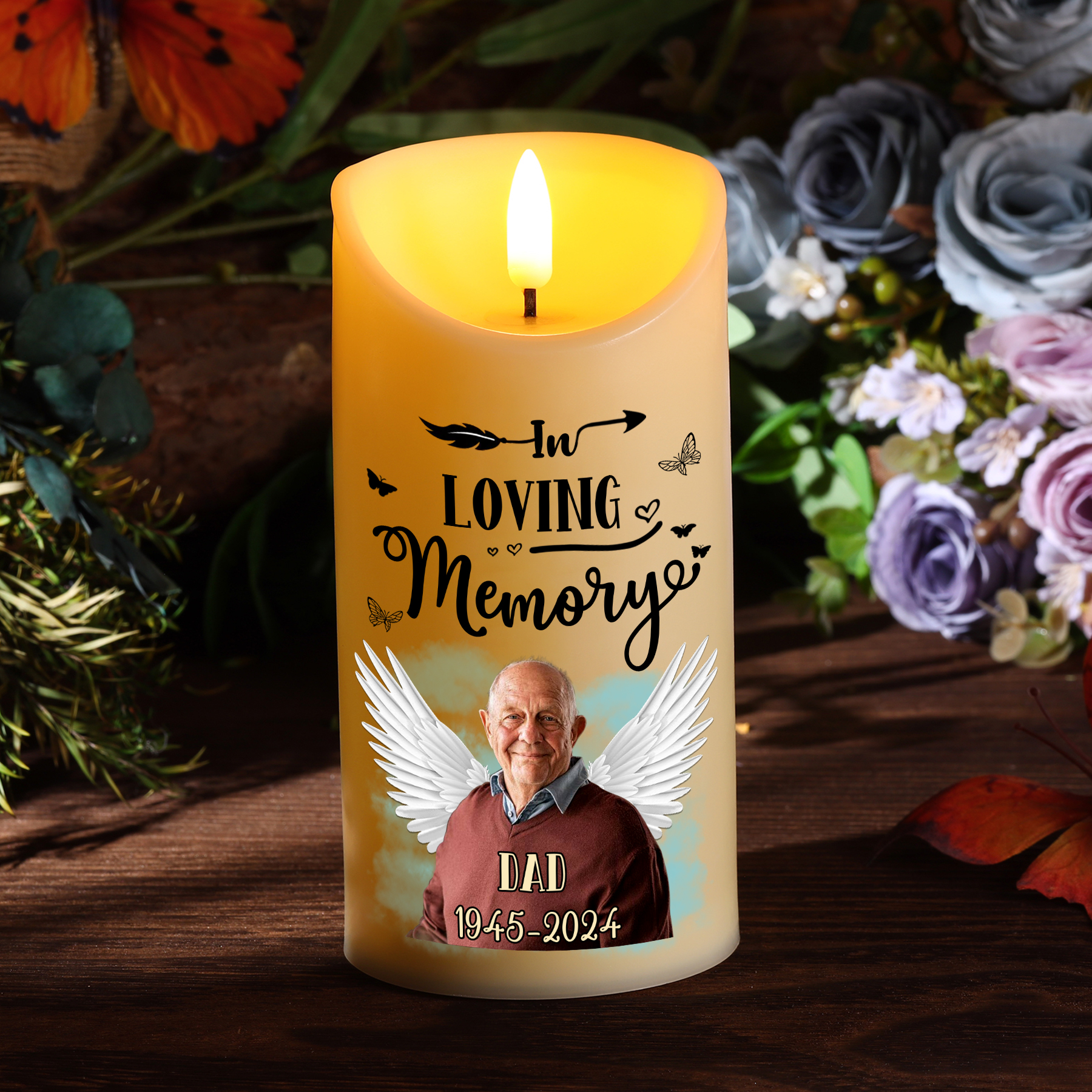 "In Memory Of" Personalised Memorial LED Candle - Custom Photo, Name & Dates Memorial Gift | Jessemade