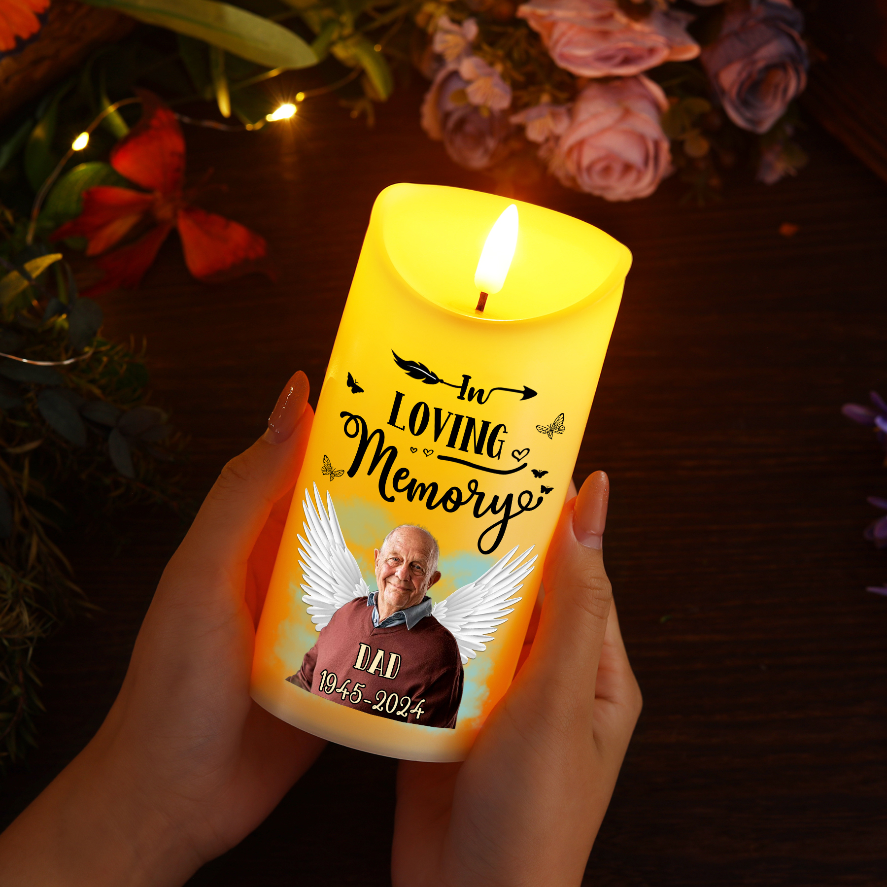 "In Memory Of" Personalised Memorial LED Candle - Custom Photo, Name & Dates Memorial Gift | Jessemade