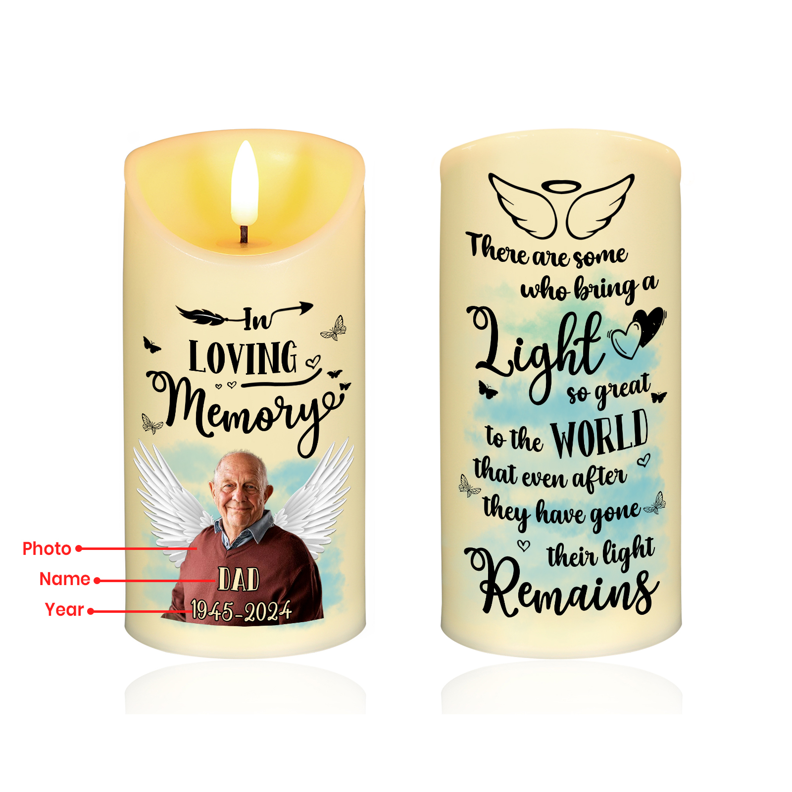 "In Memory Of" Personalised Memorial LED Candle - Custom Photo, Name & Dates Memorial Gift | Jessemade