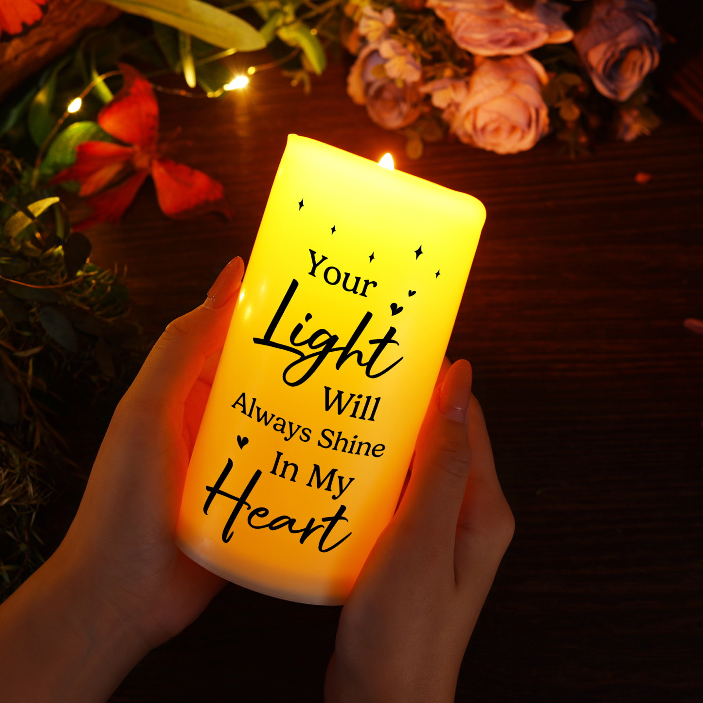 "Your Light Will Always Shine in My Heart" Personalised Memorial LED Candle - Custom Photo, Name & Dates Memorial Gift | Jessemade