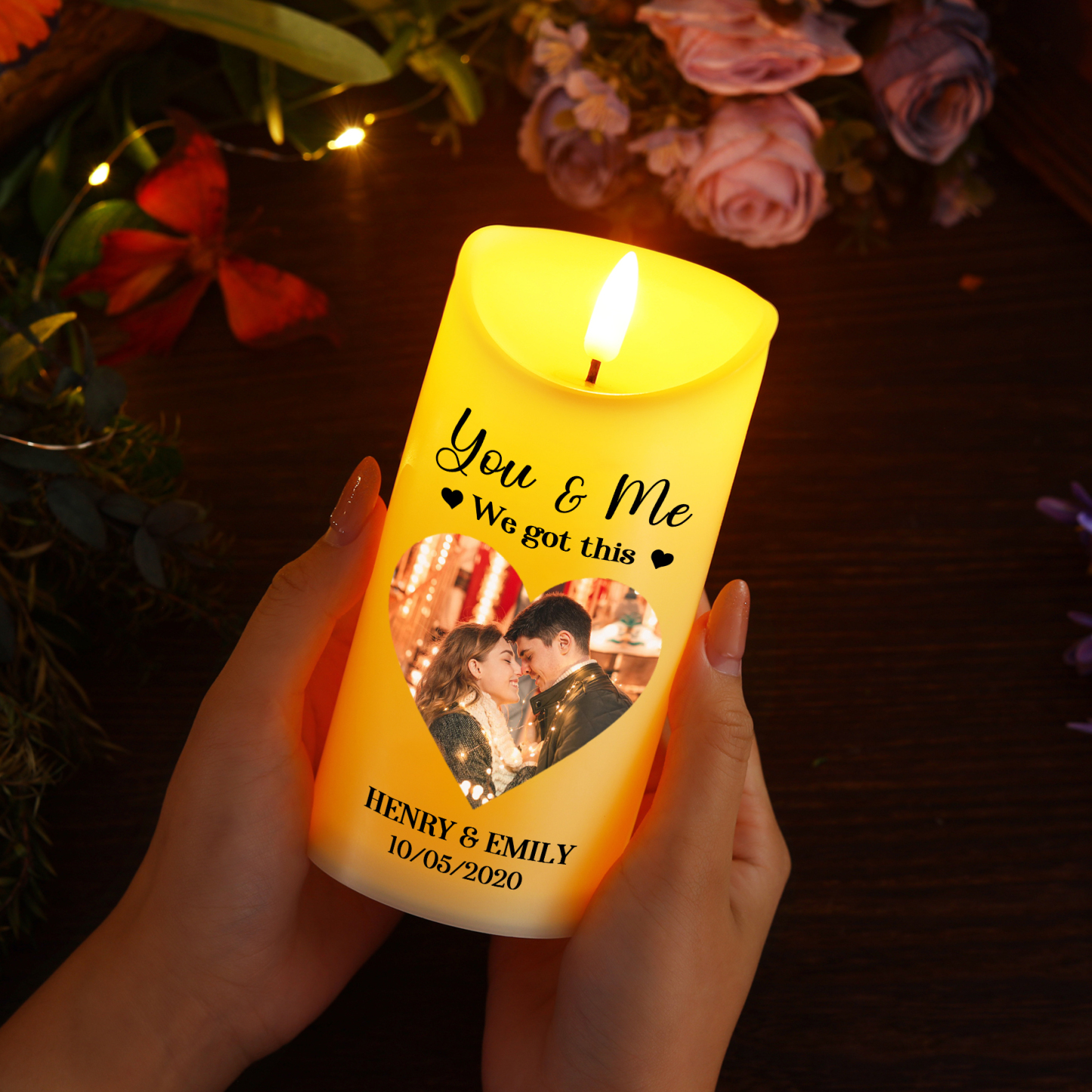 "You & Me We Got This - Personalised LED Candle with Custom Photo, 2 Names & Date Christmas Gift for Him/Her | Jessemade