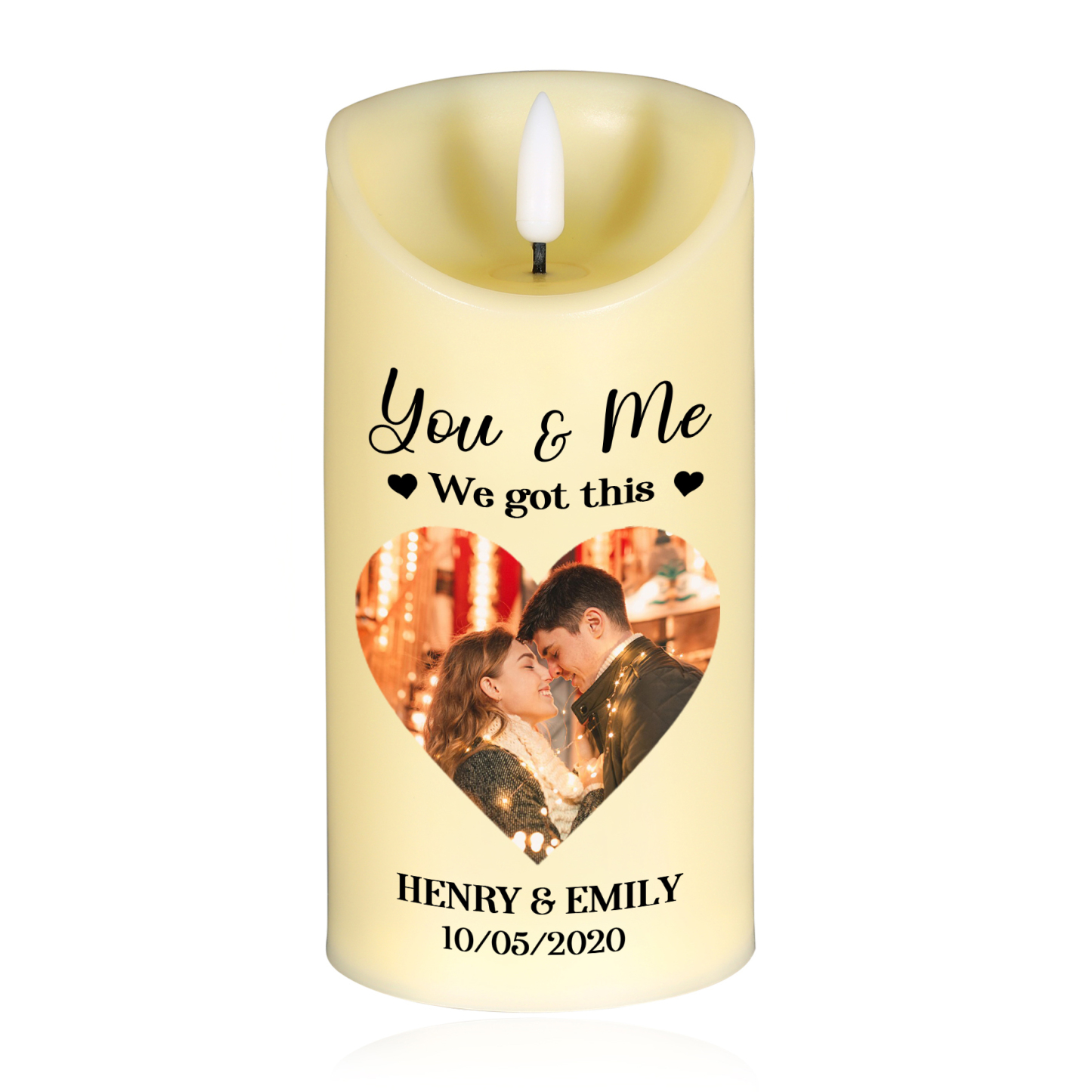 "You & Me We Got This - Personalised LED Candle with Custom Photo, 2 Names & Date Christmas Gift for Him/Her | Jessemade